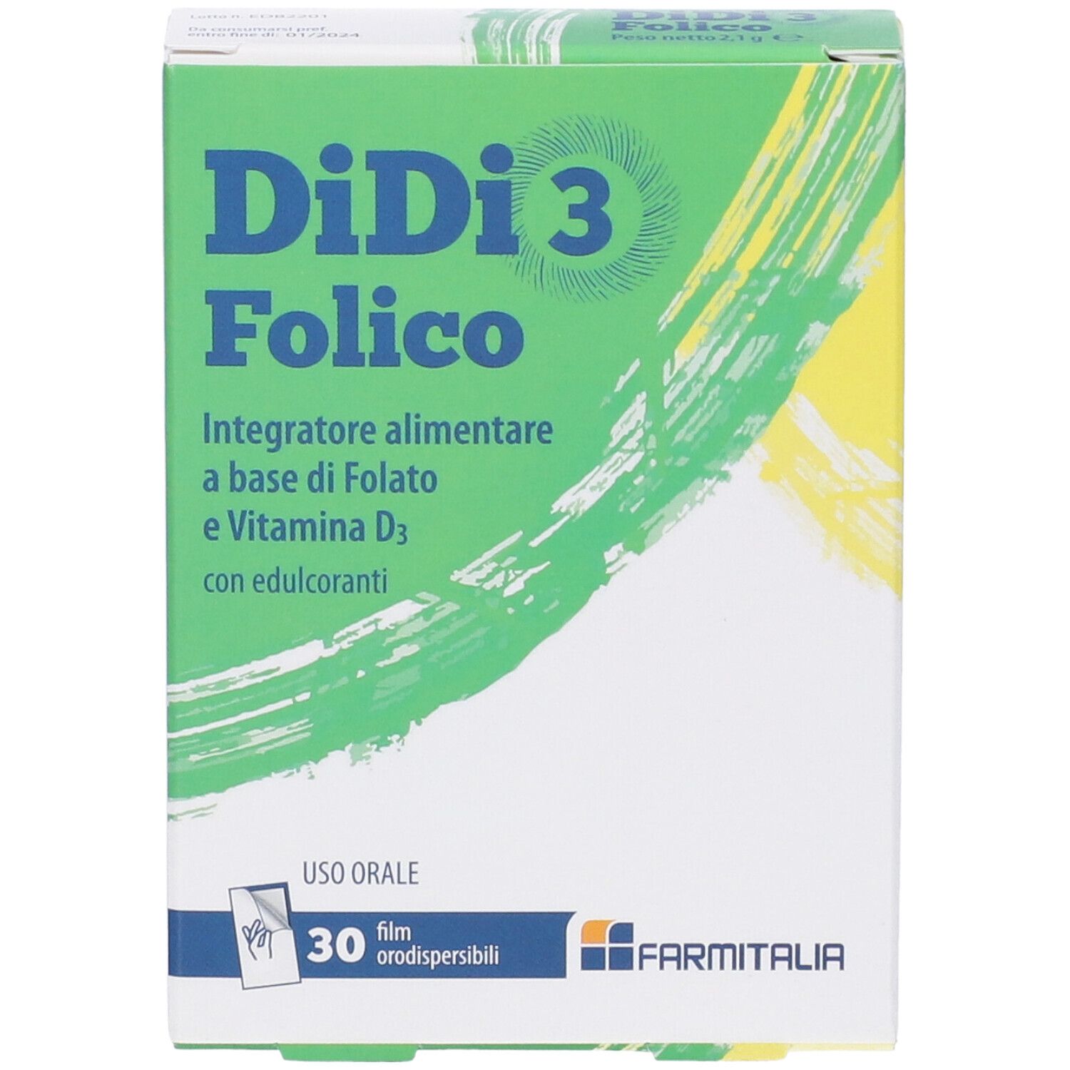 Scatola DiDi 3 Folico, verde-gialla. Nome e ingredienti. 30 compresse filmate. Marchio Farmitalia.