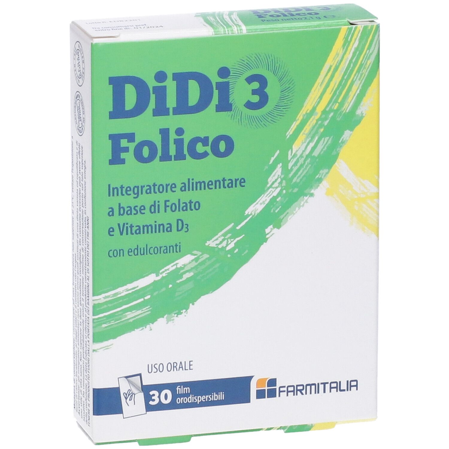 Scatola DiDi 3 Folico, verde-gialla. Nome e ingredienti. 30 compresse filmate. Marchio Farmitalia.