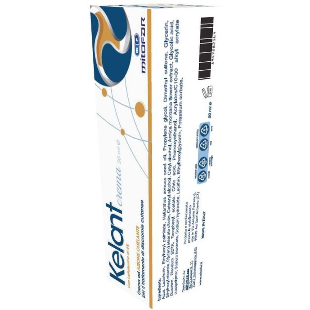 Confezione crema Kelant Crema 50 ml. Ingredienti e logo. Logo Mitofor.