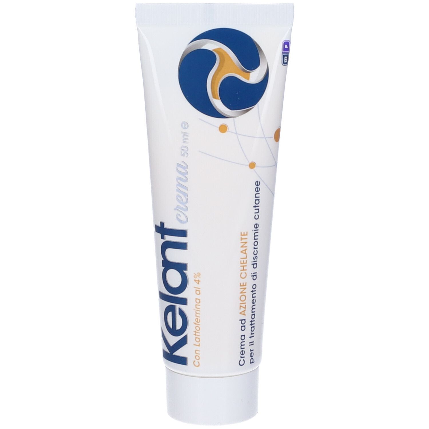 Tubo di crema. Kelant Crema, 50 ml. Con logo e testo. Sfondo bianco.