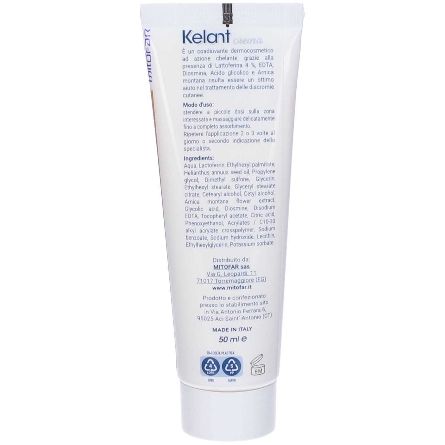 Retro del tubo di crema. Kelant Crema, 50 ml. Ingredienti e istruzioni per l'uso.