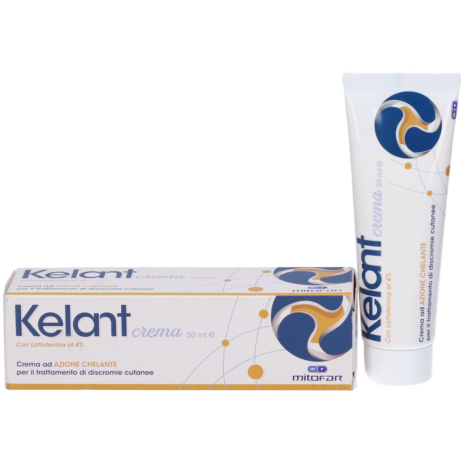 Confezione e tubo. Kelant Crema, 50 ml. Con logo e testo.