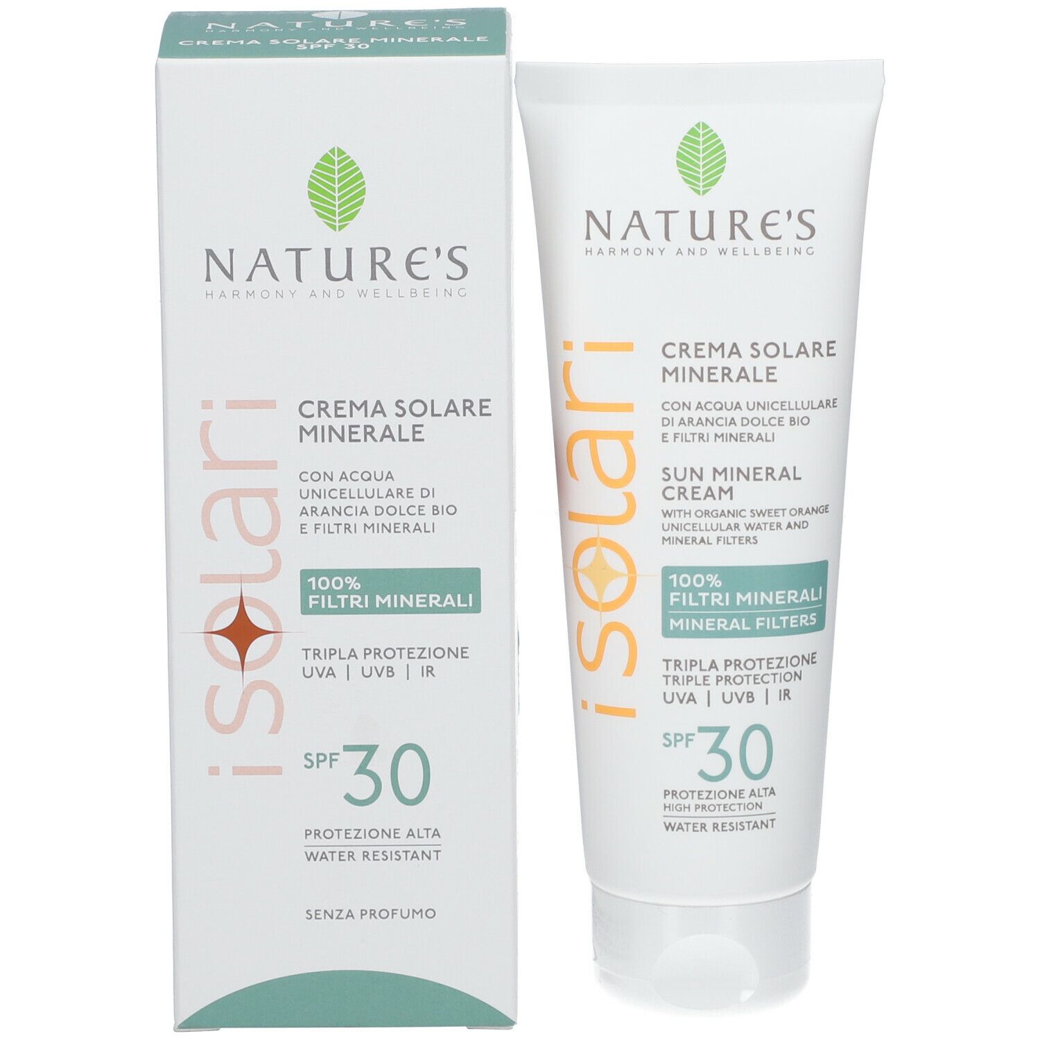 Tubo e scatola di crema solare. Testo: iSolari, SPF 30, Mineral Cream. Marchio: NATURE'S.
