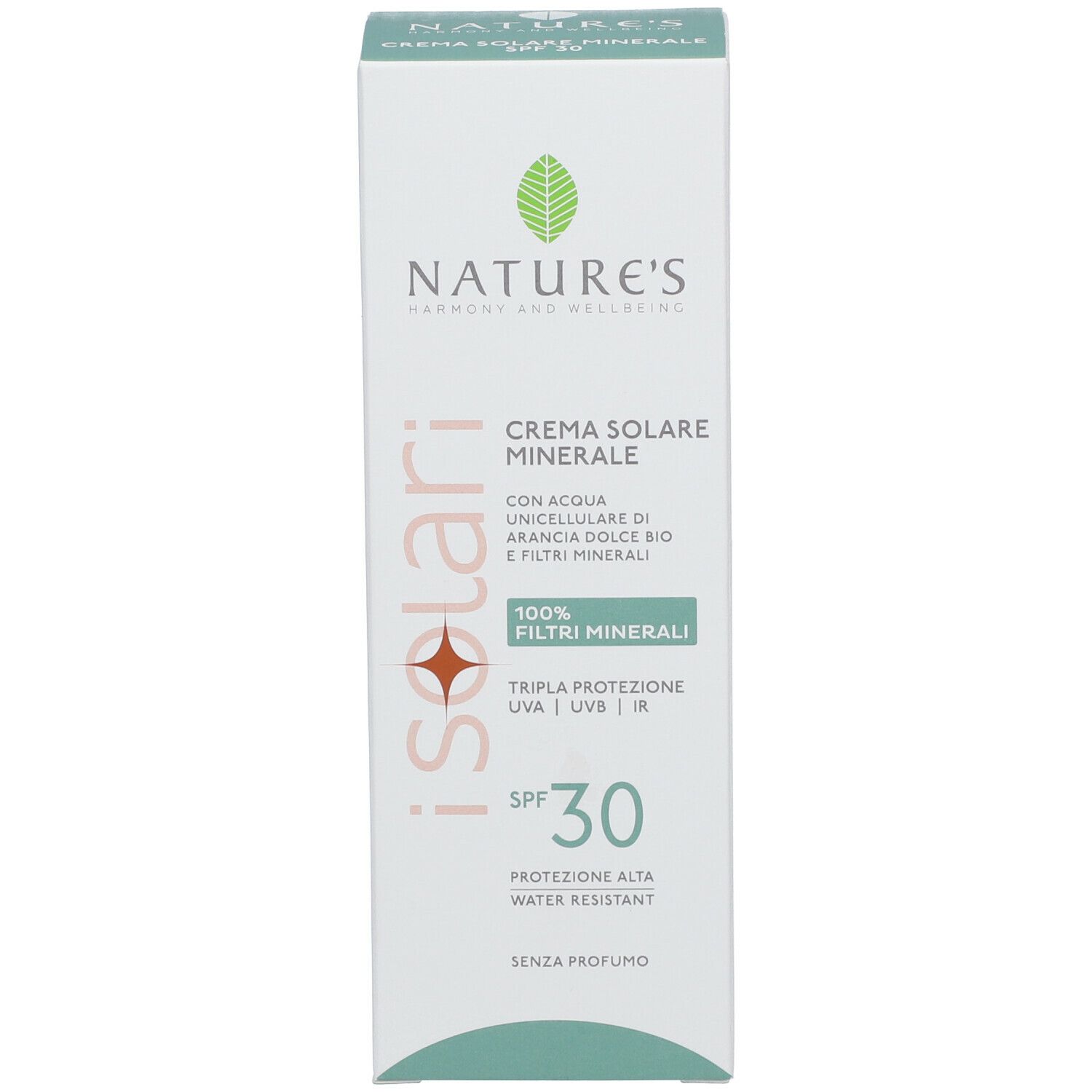 Scatola di crema solare. Testo: iSolari, SPF 30, Mineral Cream. Marchio: NATURE'S.
