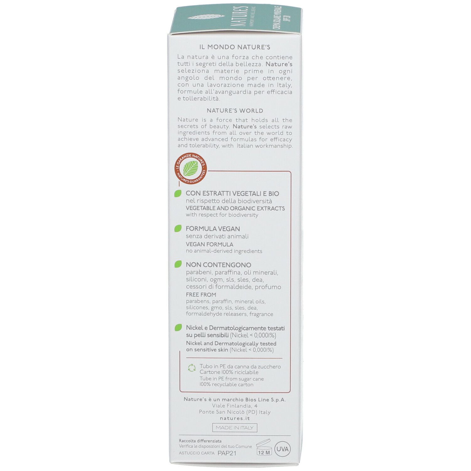Scatola di crema solare. Testo: NATURE'S, ingredienti, vegano, testato al nichel.