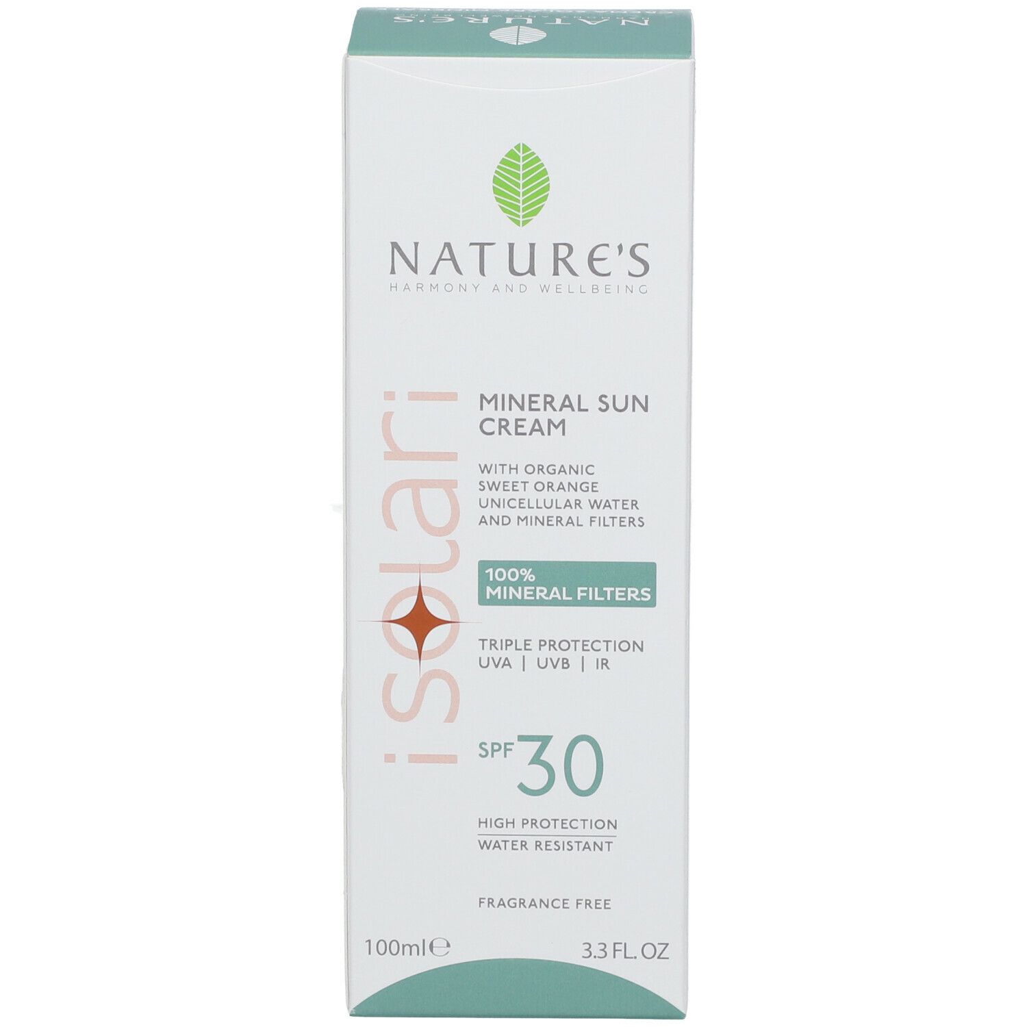 Scatola di crema solare. Testo: iSolari, SPF 30, Mineral Sun Cream. Marchio: NATURE'S.