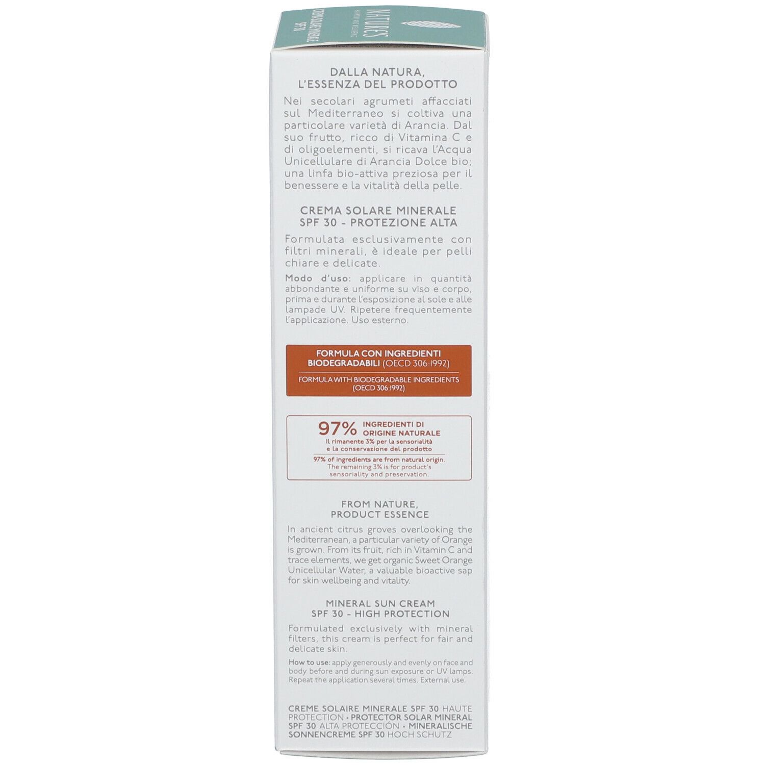 Retro della scatola di crema solare. Testo: ingredienti, istruzioni per l'uso, 97% ingredienti di origine naturale.