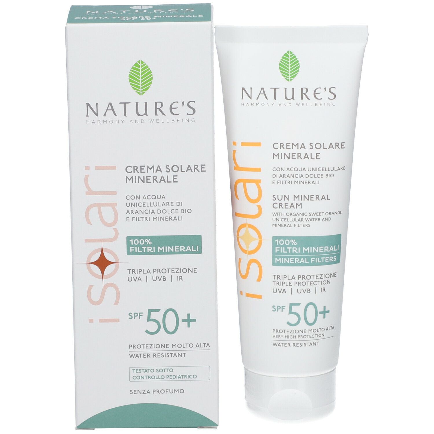 Confezione prodotto con tubo. Scritta iSolari, NATURE'S, SPF 50+. Crema solare minerale. Sfondo bianco.