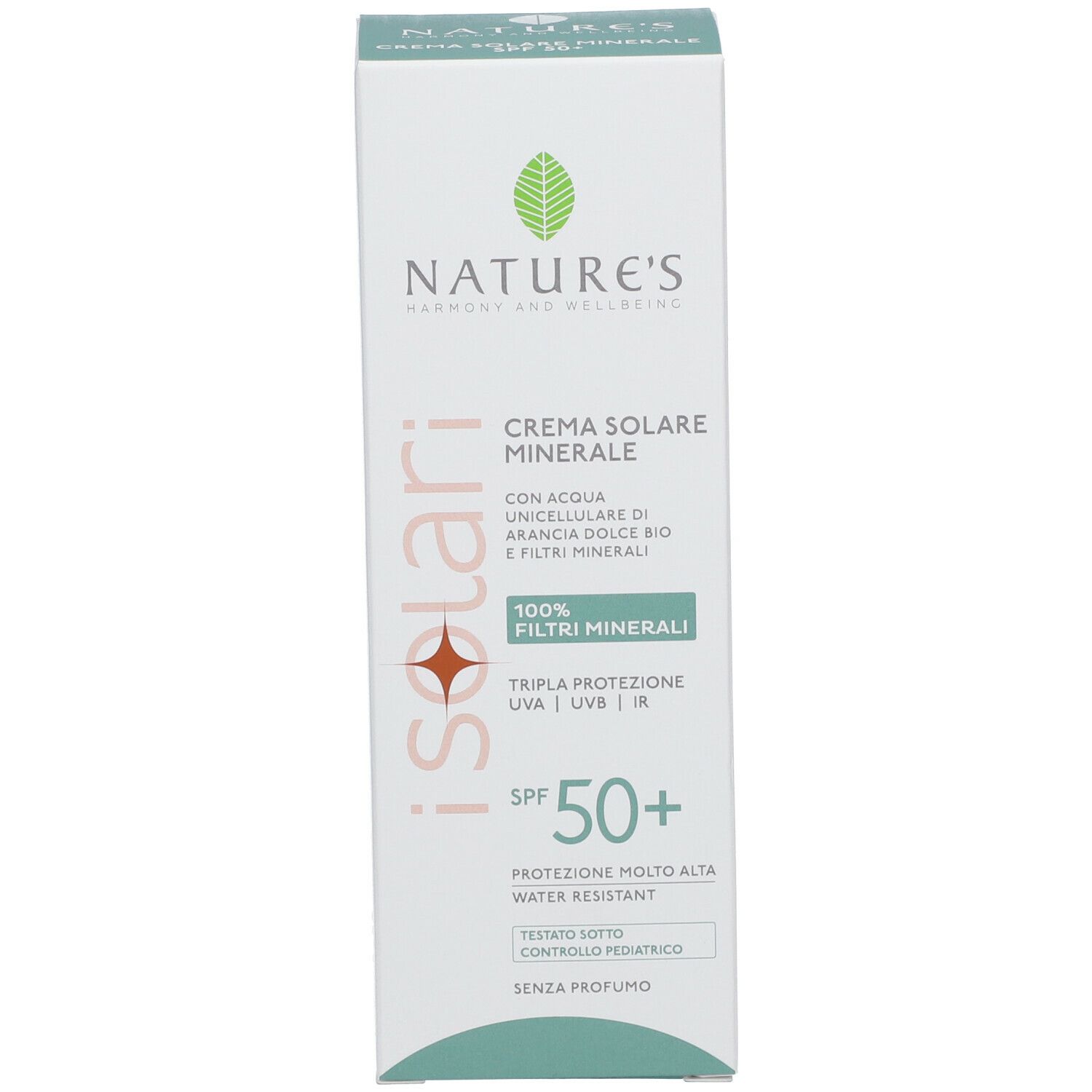 Confezione prodotto. Scritta iSolari, NATURE'S, SPF 50+. Crema solare minerale. Sfondo bianco.
