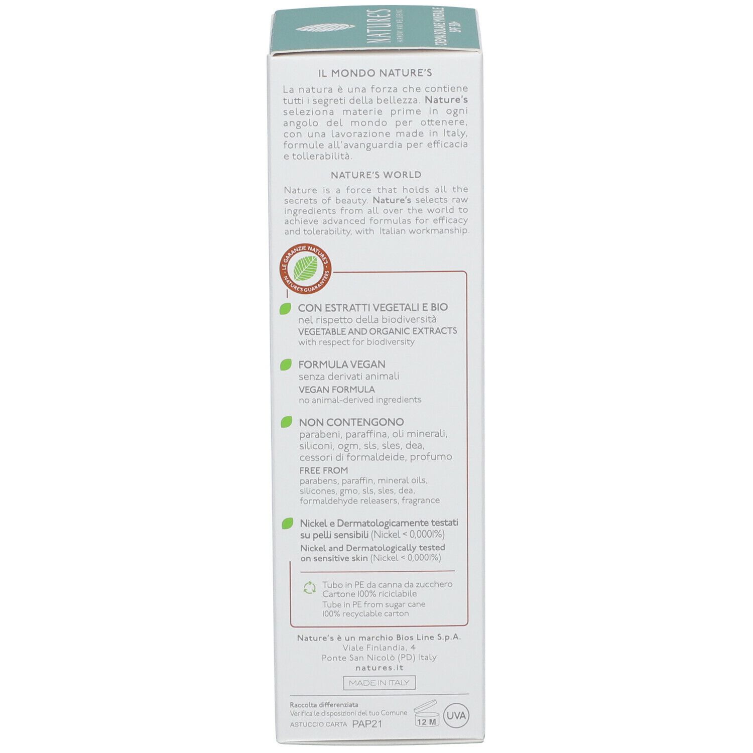 Confezione prodotto. Testo: NATURE'S, ingredienti, formula vegana, senza parabeni. Sfondo bianco.