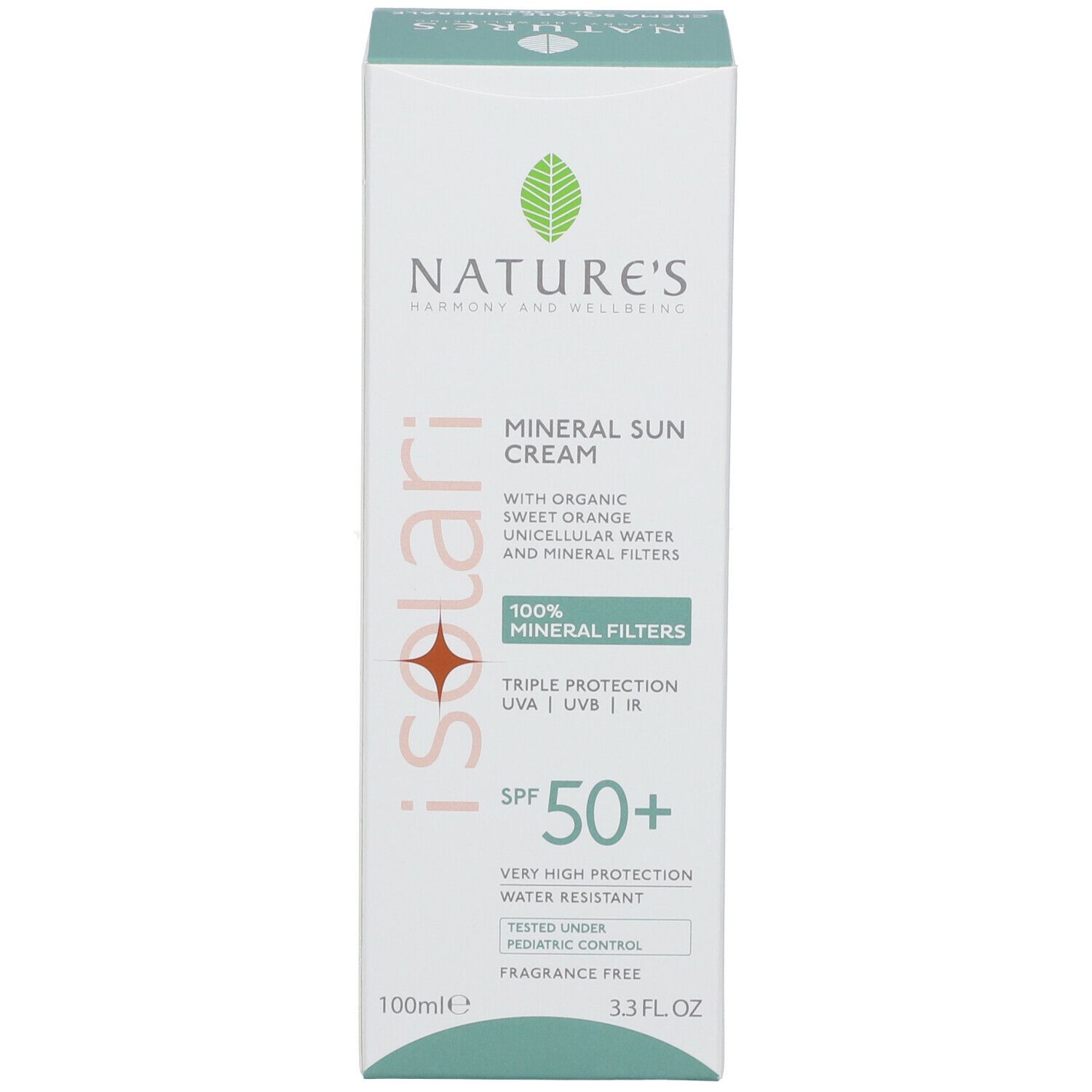 Confezione prodotto. Scritta iSolari, NATURE'S, SPF 50+. Crema solare minerale. Sfondo bianco.