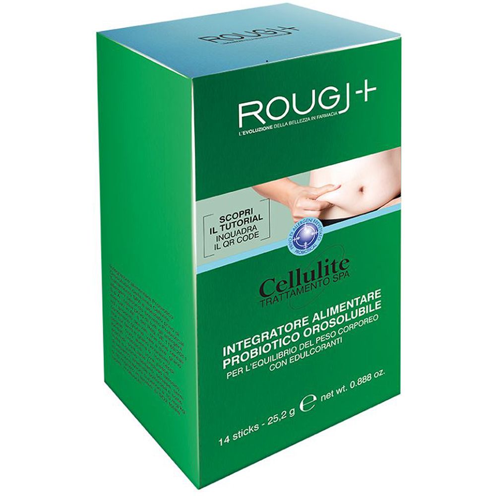 Scatola verde ROUGJ+ Cellulite. Immagine addome, QR code, 14 sticks, 25,2 g. Testo: Integratore Alimentare Probiotico Orosolubile per l'equilibrio del peso.
