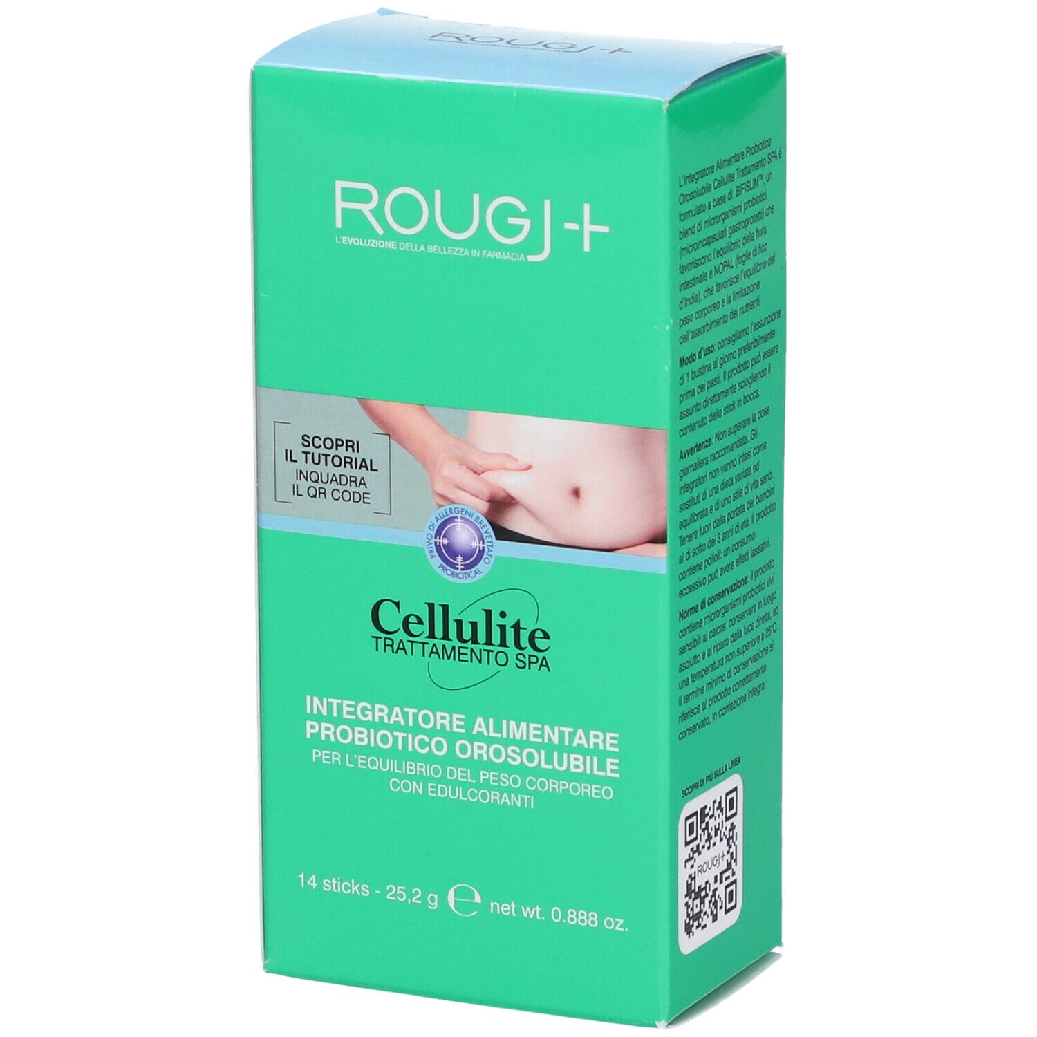 Scatola verde ROUGJ+ Cellulite. Immagine addome, QR code. Testo: Integratore Alimentare Probiotico Orosolubile. 14 sticks, 25,2 g, 0.888 oz.