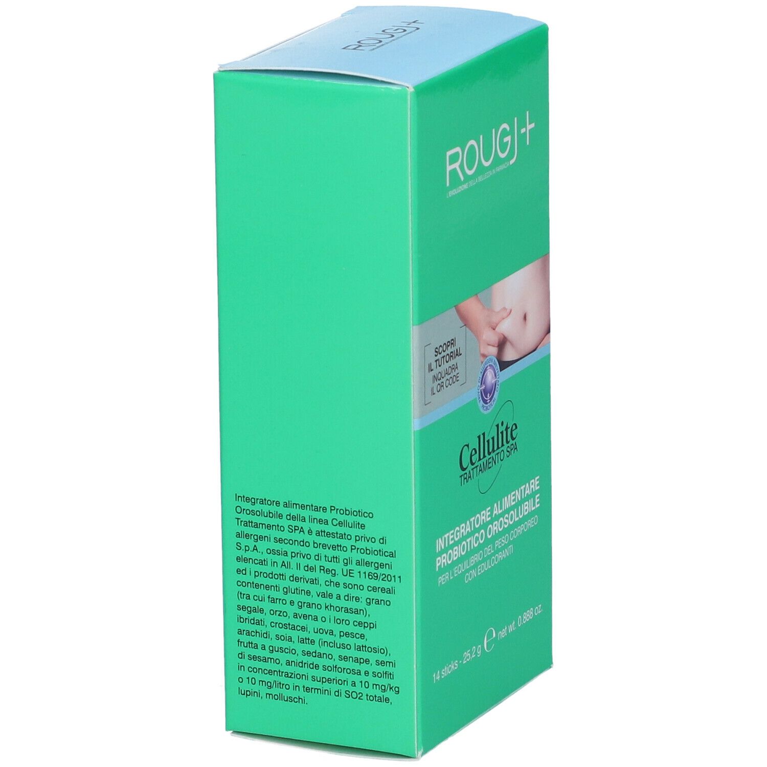 Scatola verde ROUGJ+ Cellulite. Testo: Integratore Alimentare Probiotico Orosolubile. Immagine addome, QR code. Vista laterale.