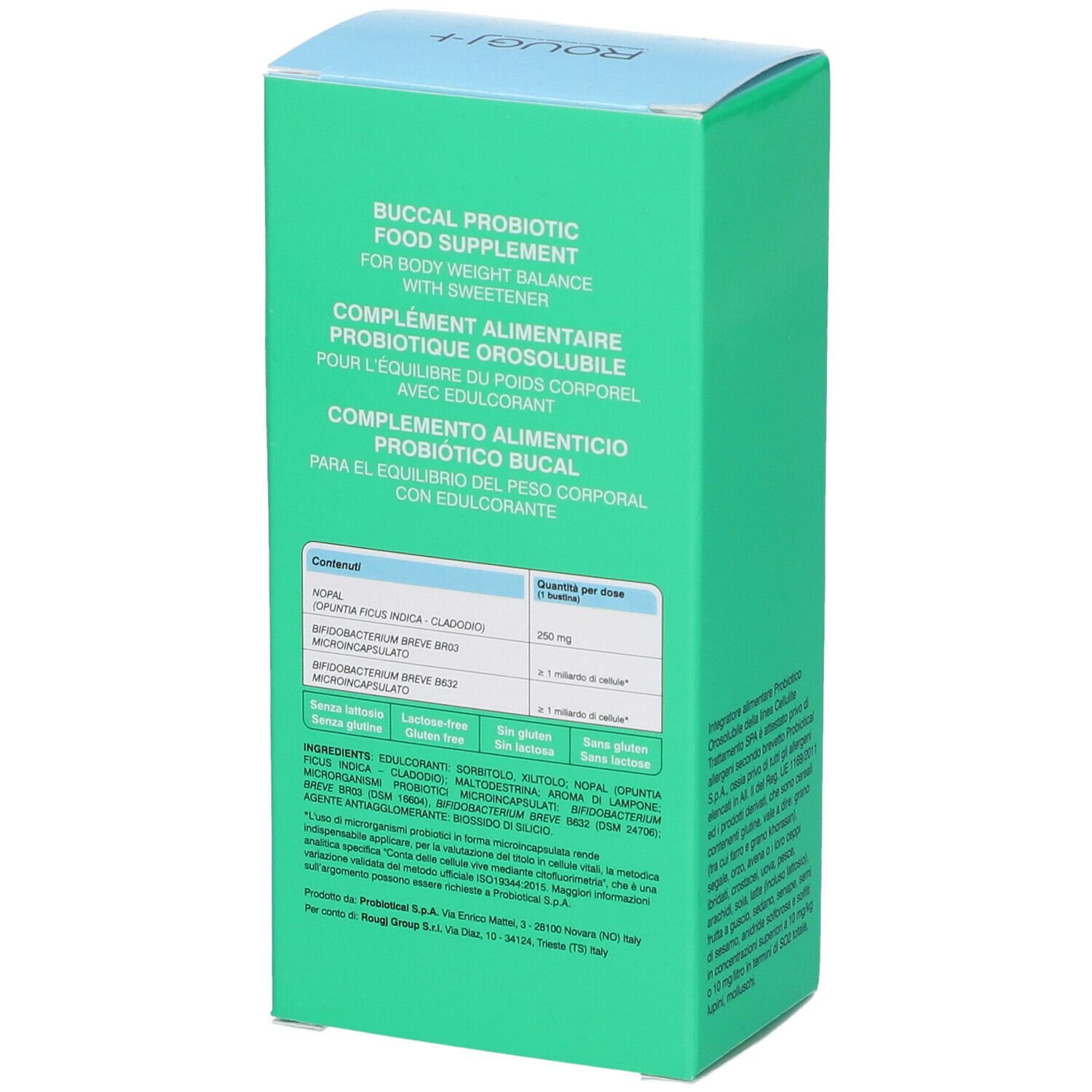 Scatola verde ROUGJ+ Cellulite. Testo: Buccal Probiotic Food Supplement. Retro con informazioni e codice QR.