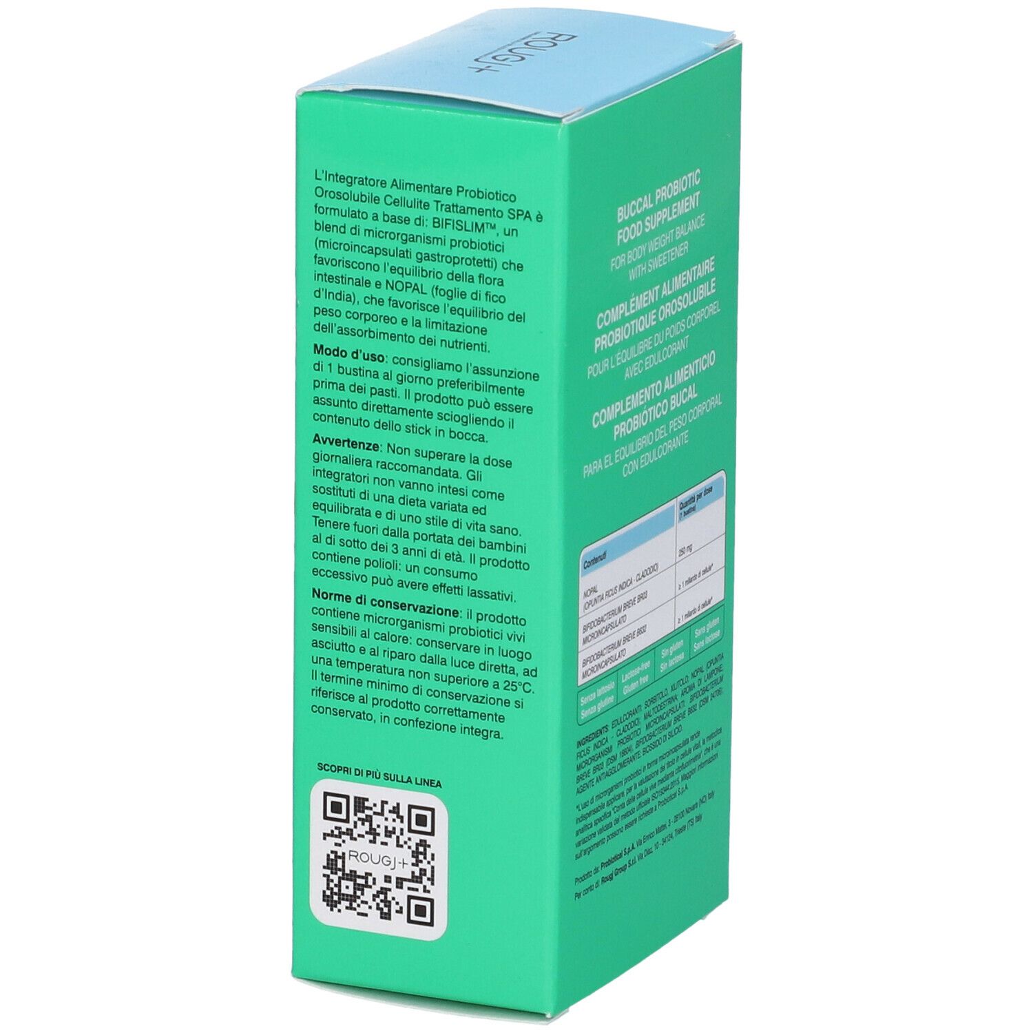 Scatola verde ROUGJ+ Cellulite. Testo: Buccal Probiotic Food Supplement. Retro con informazioni e codice QR.