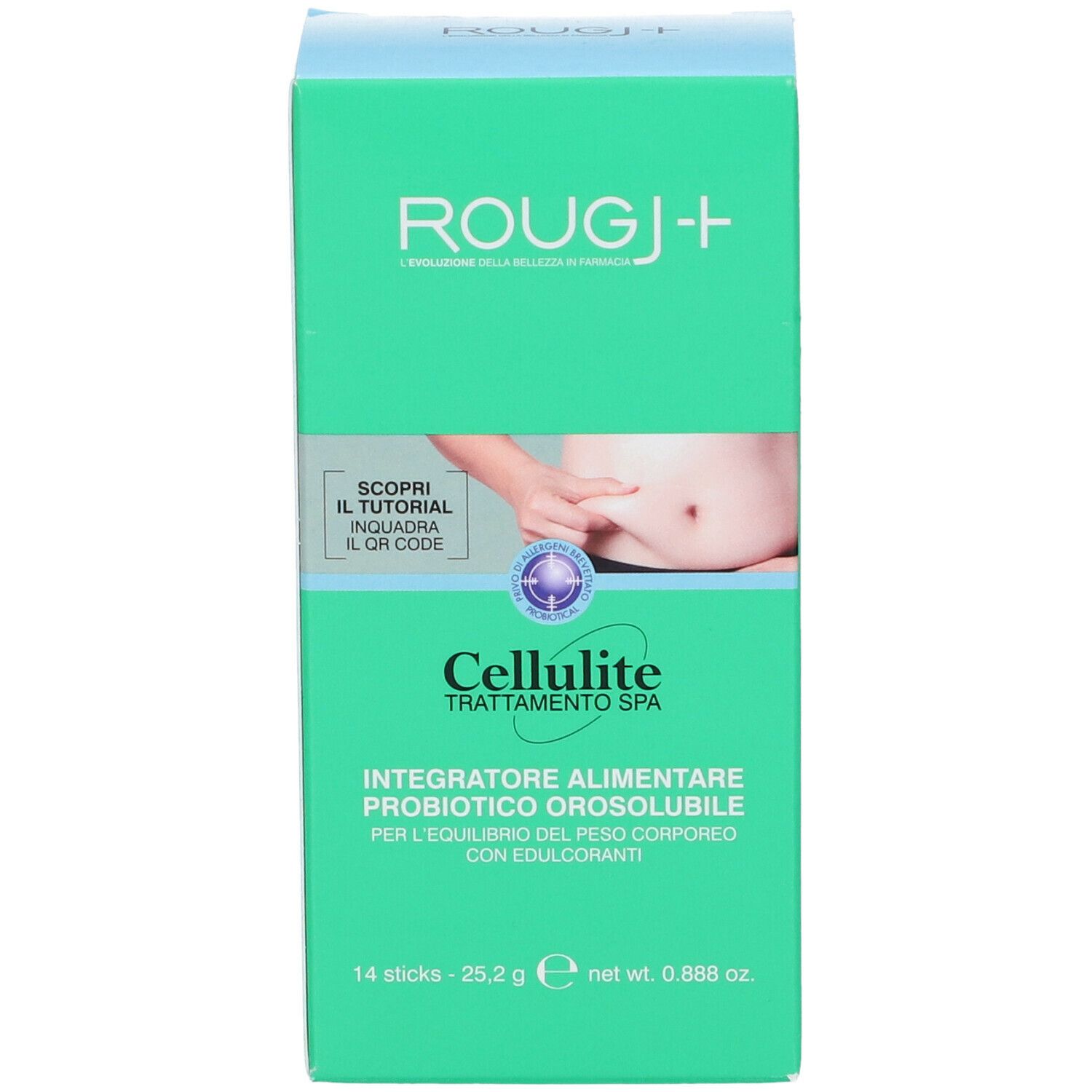 Scatola verde ROUGJ+ Cellulite. Immagine addome, QR code. Testo: Integratore Alimentare Probiotico Orosolubile. 14 sticks, 25,2 g, 0.888 oz.