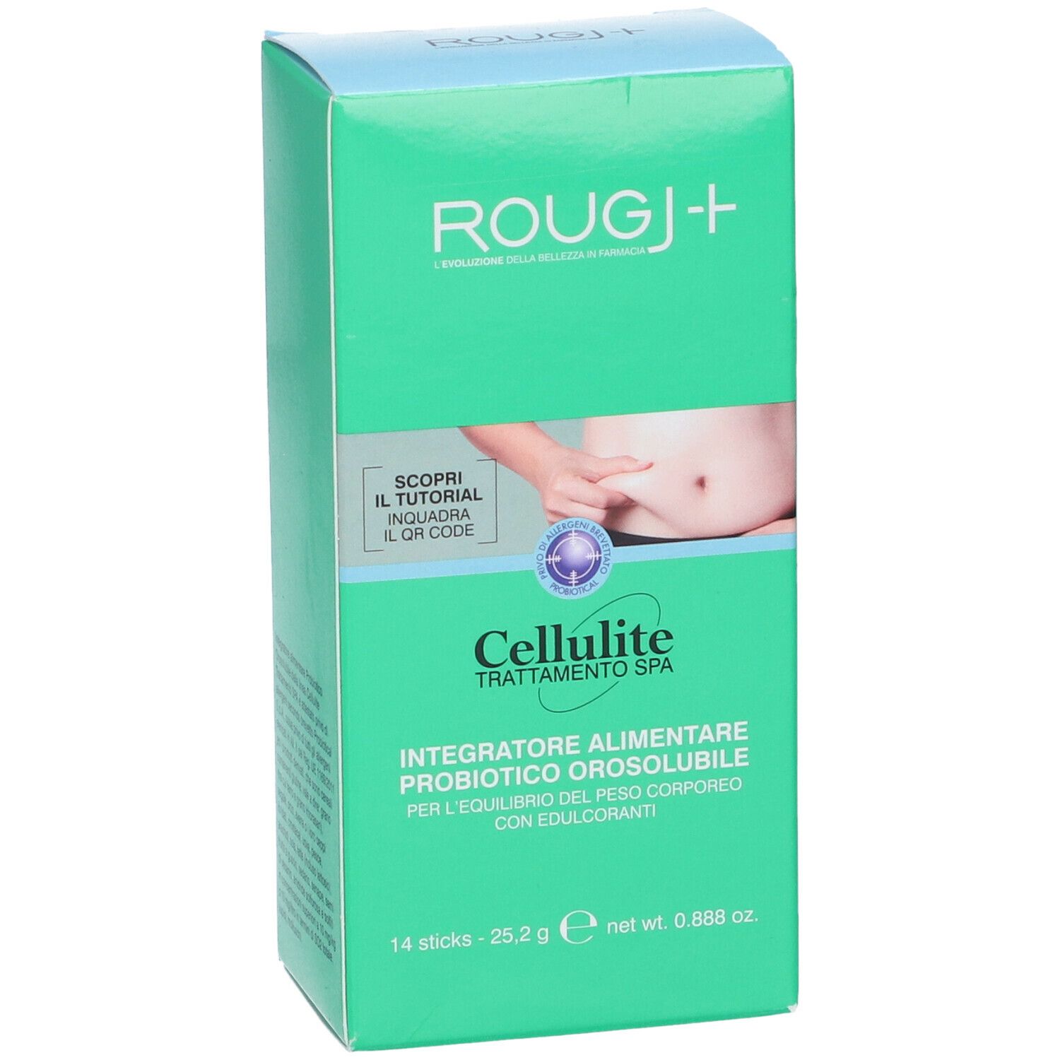 Scatola verde ROUGJ+ Cellulite. Immagine addome, QR code. Testo: Integratore Alimentare Probiotico Orosolubile. 14 sticks, 25,2 g, 0.888 oz.
