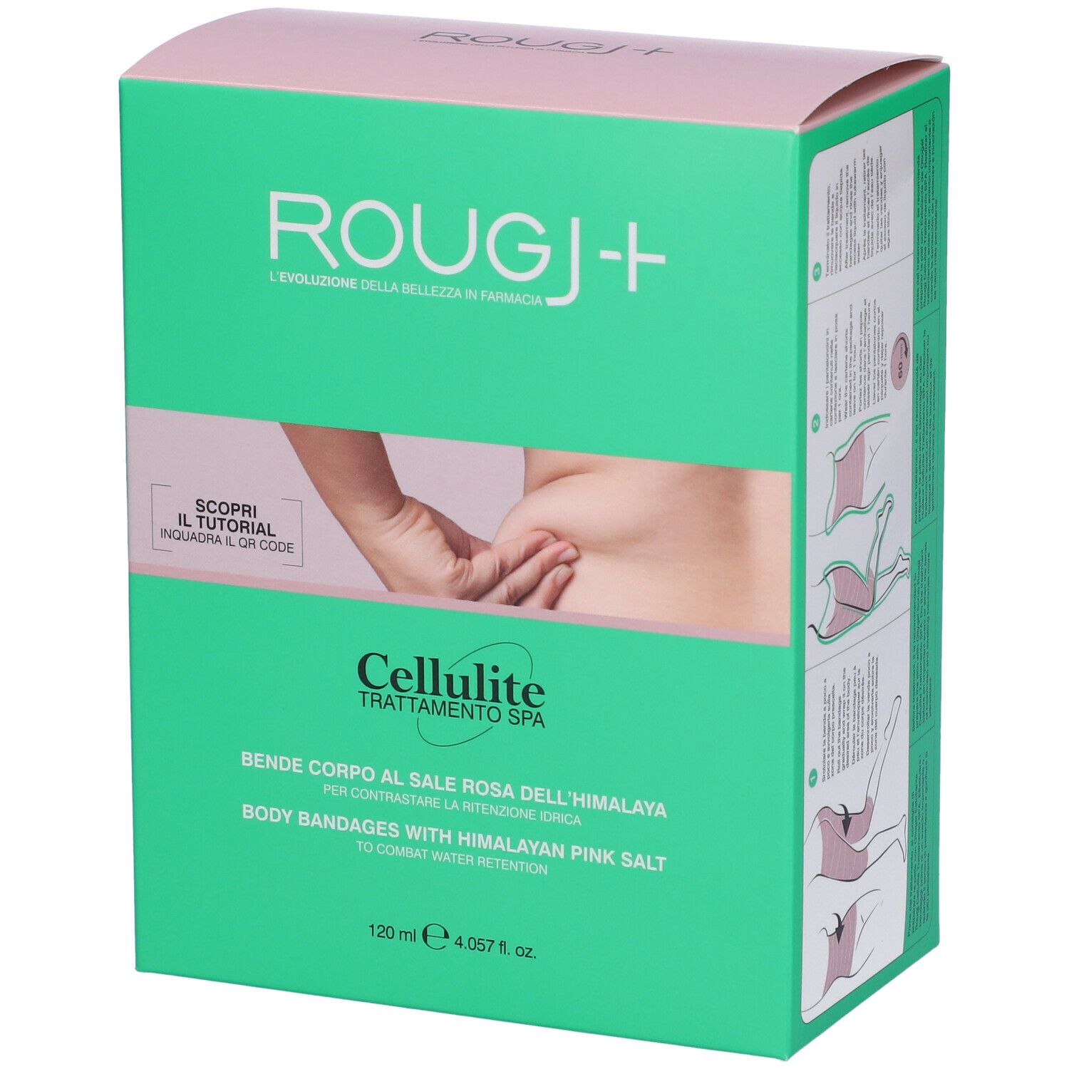 Scatola verde con stampe. Coperchio rosa. Testo: ROUGJ+, Cellulite Trattamento Spa, 120 ml.