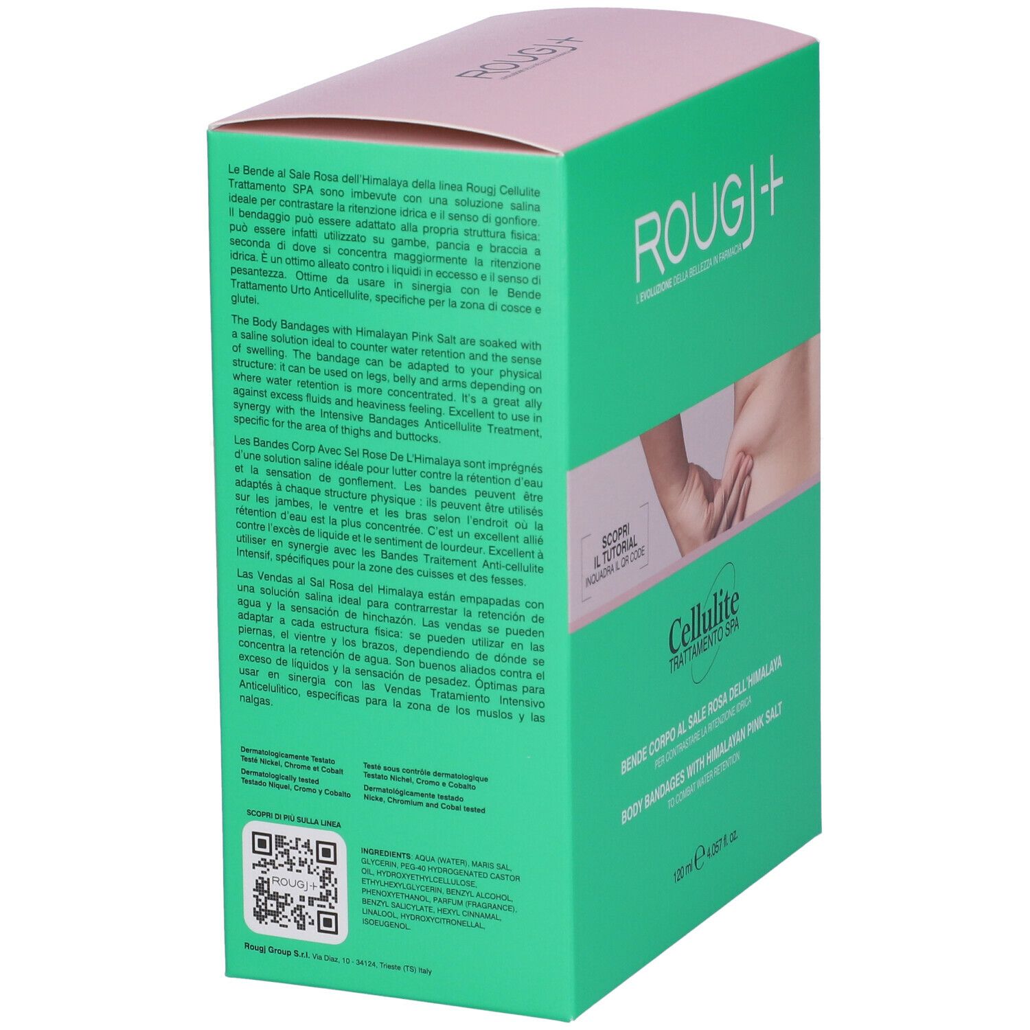 Scatola verde con stampe. Coperchio rosa. Testo: ROUGJ+, Cellulite Trattamento Spa, descrizione del prodotto.