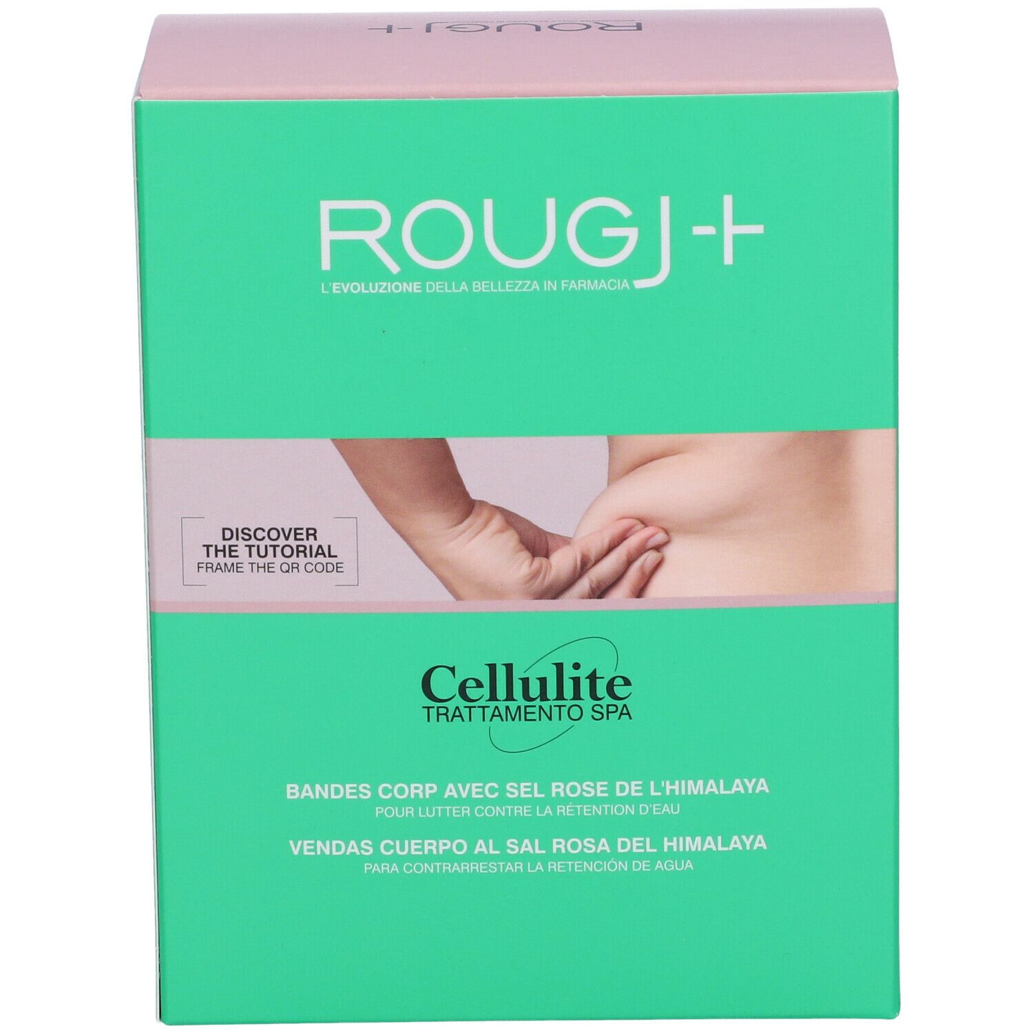 Scatola verde con stampe. Coperchio rosa. Testo: ROUGJ+, Cellulite Trattamento Spa, codice QR.