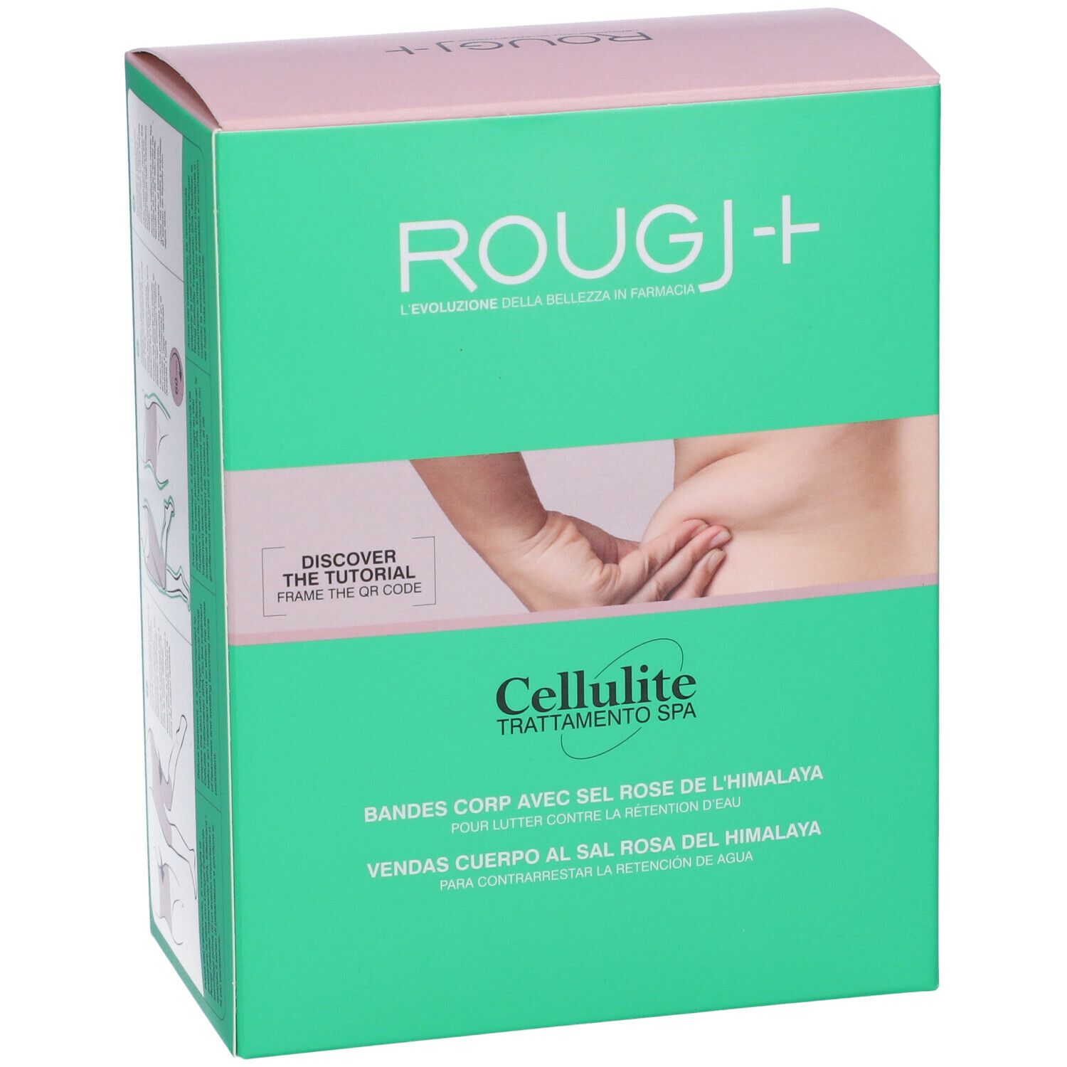 Scatola verde con stampe. Coperchio rosa. Testo: ROUGJ+, Cellulite Trattamento Spa, codice QR.