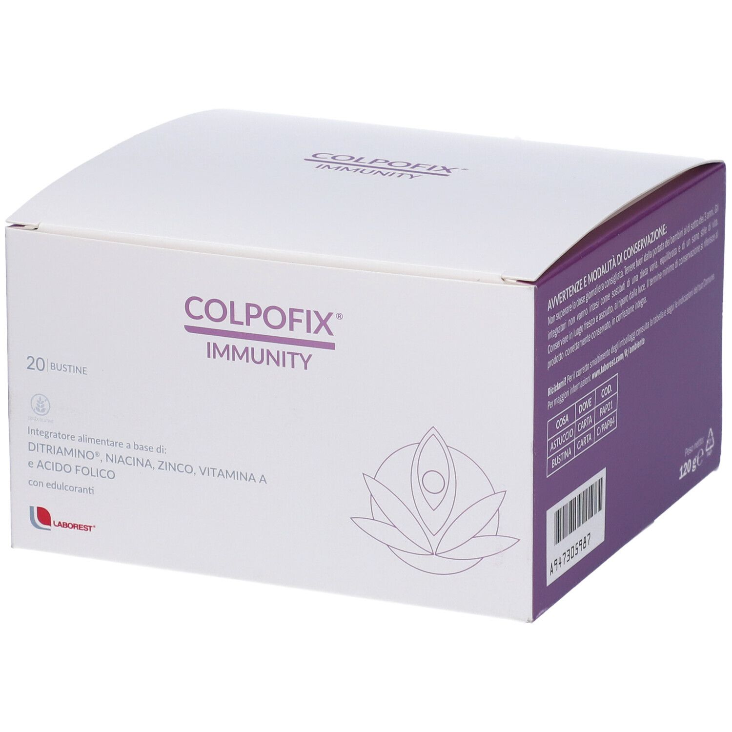 Boîte blanche et violette. Inscription: Colpofix Immunity, 20 Bustine. Contient DITRIAMINO, niacine, zinc, vitamine A et acide folique.