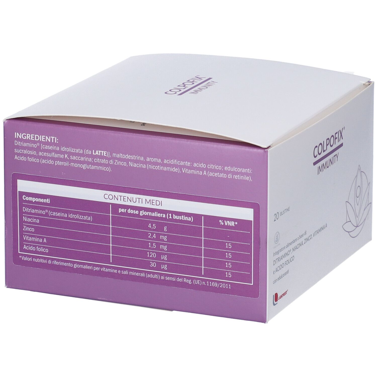 Boîte blanche avec section violette. Contient ingrédients et informations nutritionnelles pour Colpofix Immunity. 20 Bustine.