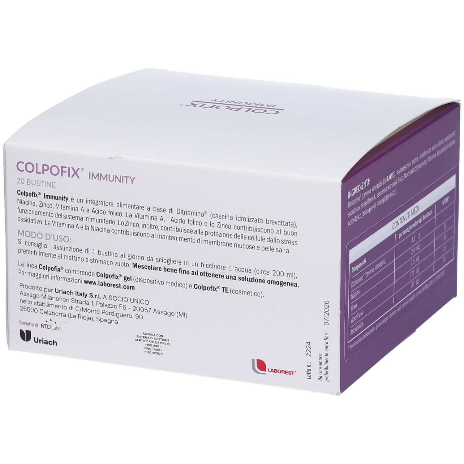 Boîte blanche avec section violette. Contient informations d'utilisation de Colpofix Immunity. 20 Bustine.