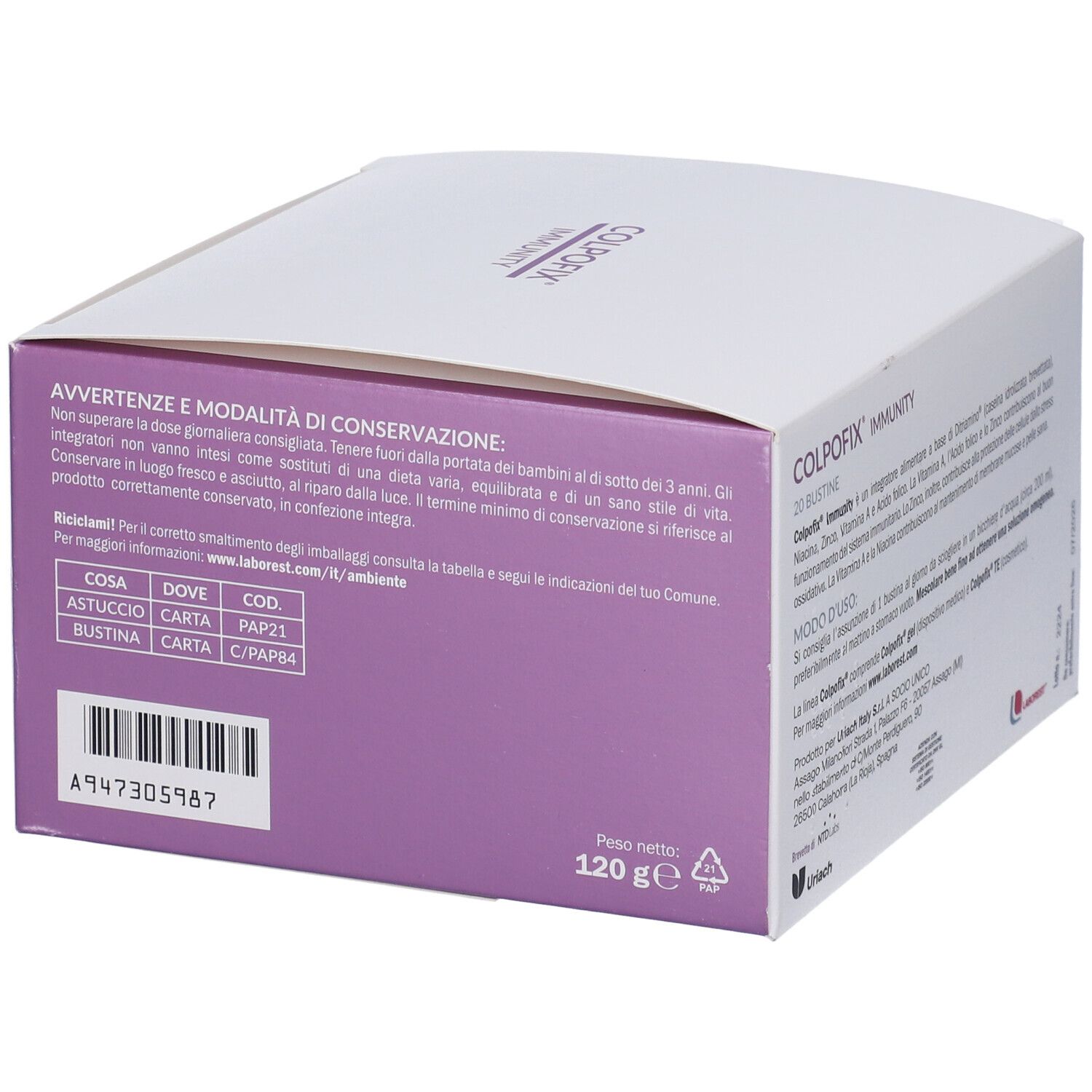 Boîte blanche avec section violette. Contient avertissements et informations de stockage pour Colpofix Immunity. 20 Bustine.