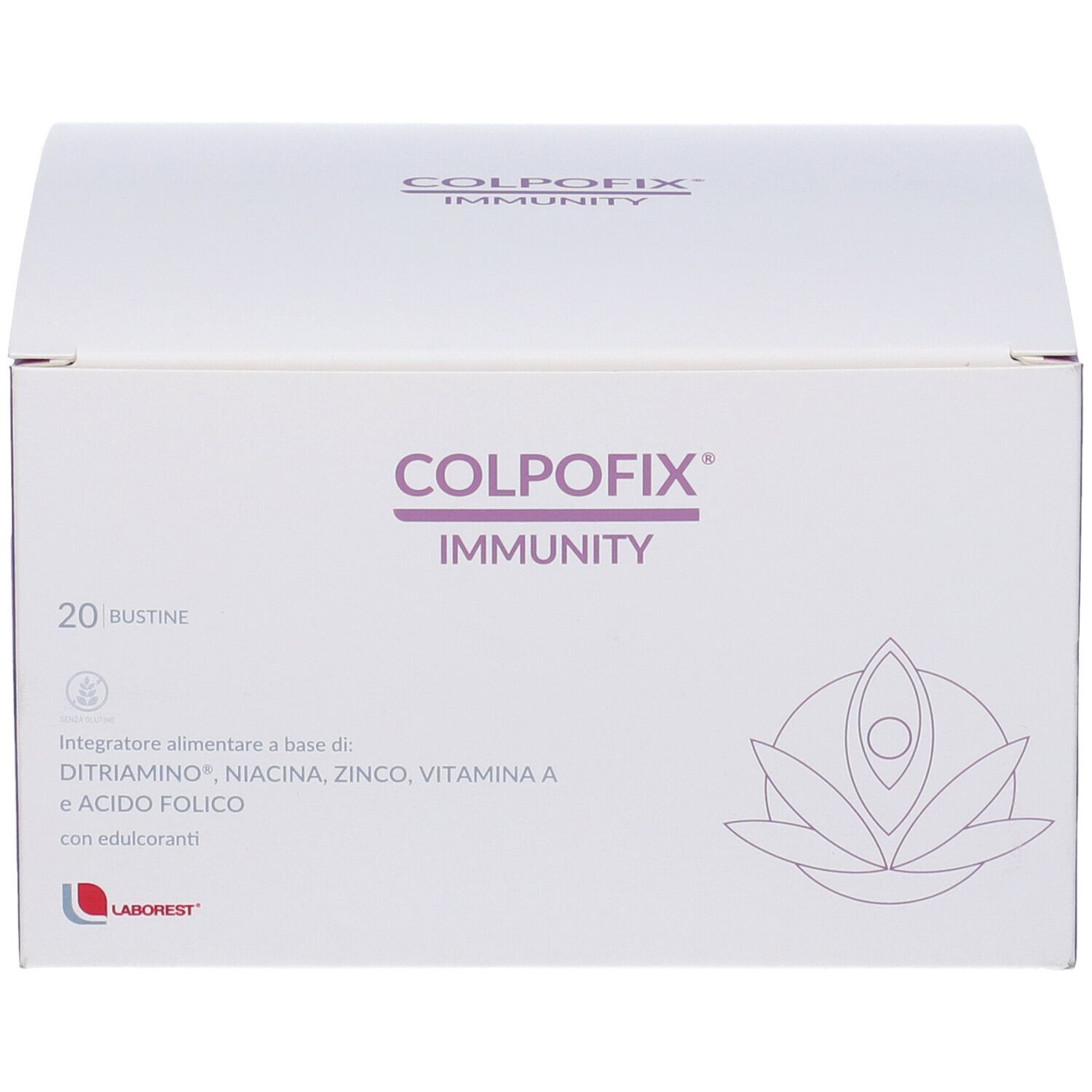 Boîte blanche et violette. Inscription: Colpofix Immunity, 20 Bustine. Contient DITRIAMINO, niacine, zinc, vitamine A et acide folique.