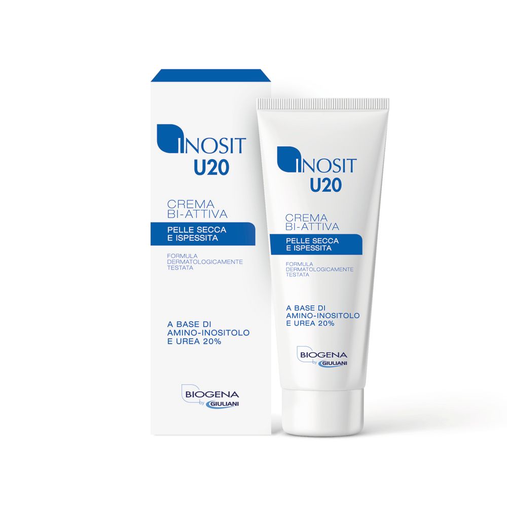Tubo e scatola di crema. Scritto: Inosit U20. Marchio: Biogena. Testo: Crema bi-attiva, Pelle secca e ispessita.