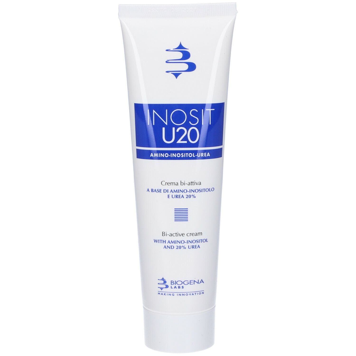Tubo bianco con fascia blu. Scritto: Inosit U20, Amino-inositolo-urea. Marchio: Biogena Labs. Testo: Crema bi-attiva.