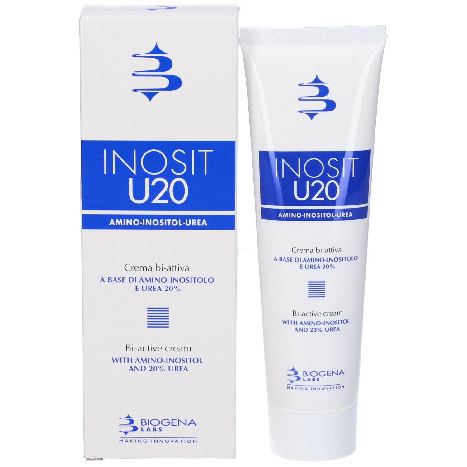Tubo e scatola. Scritto: Inosit U20, Amino-inositolo-urea. Marchio: Biogena Labs. Testo: Crema bi-attiva.