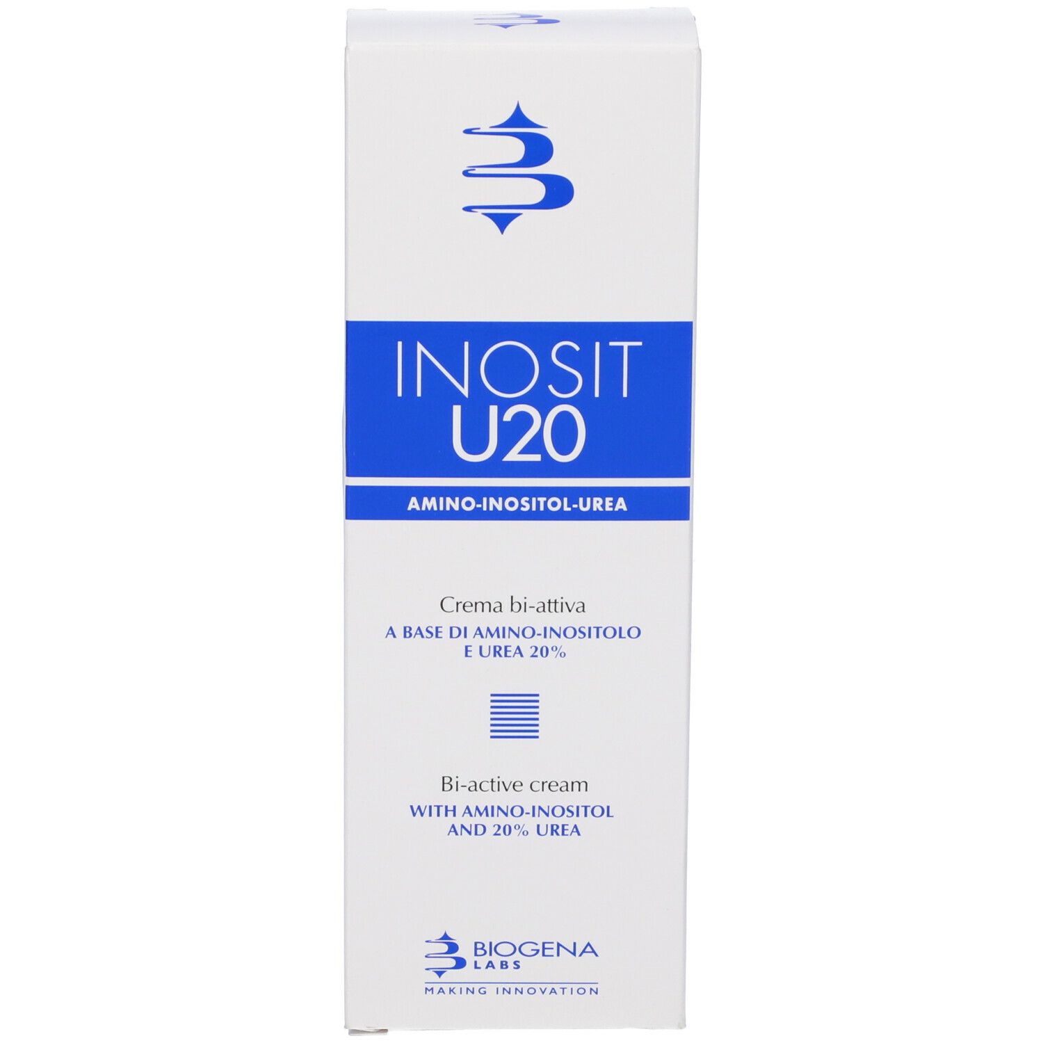 Scatola. Scritto: Inosit U20, Amino-inositolo-urea. Marchio: Biogena Labs. Testo: Crema bi-attiva.