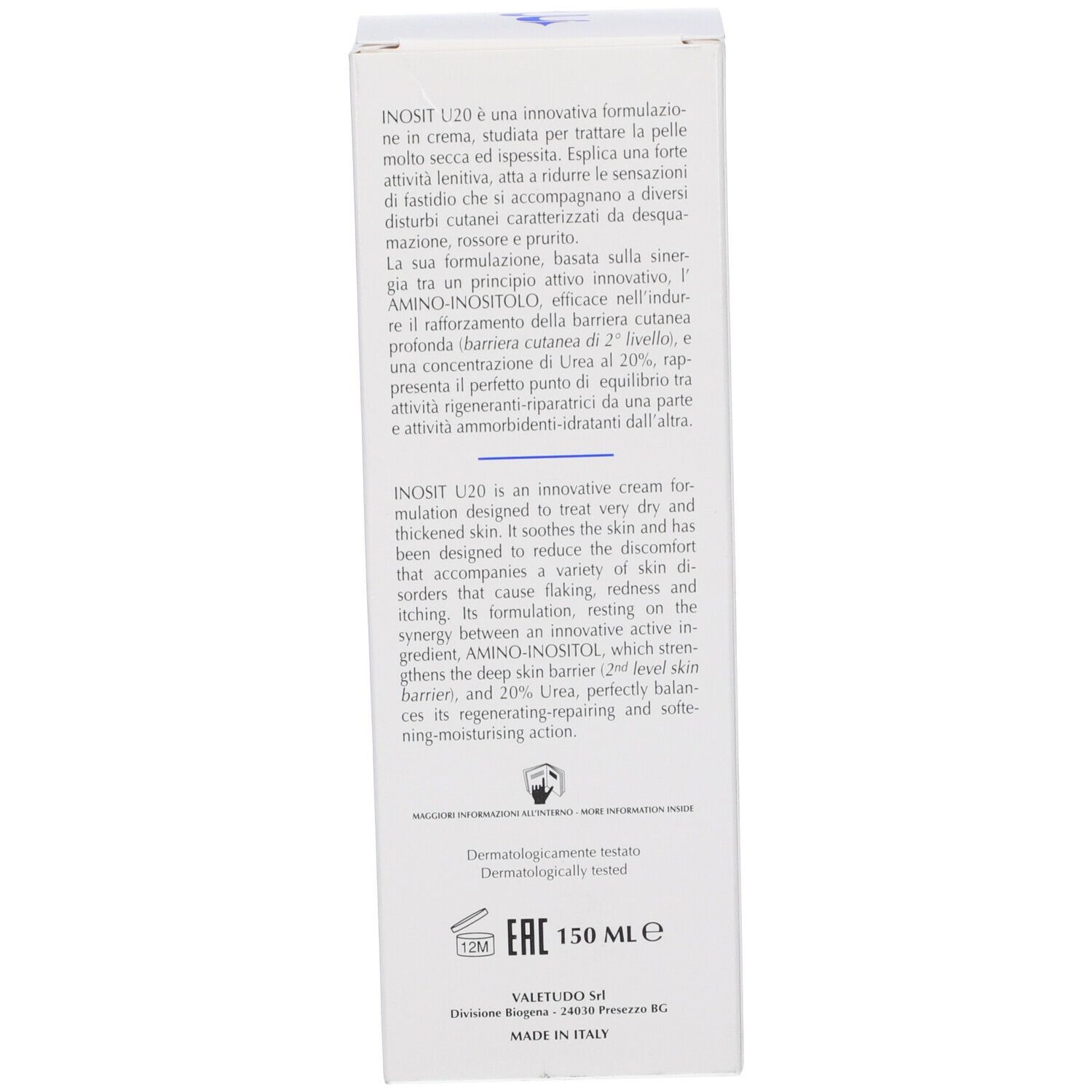 Scatola. Testo: Inosit U20, formulazione innovativa. Dermatologicamente testato. 150 ml. Marchio: Biogena Labs.