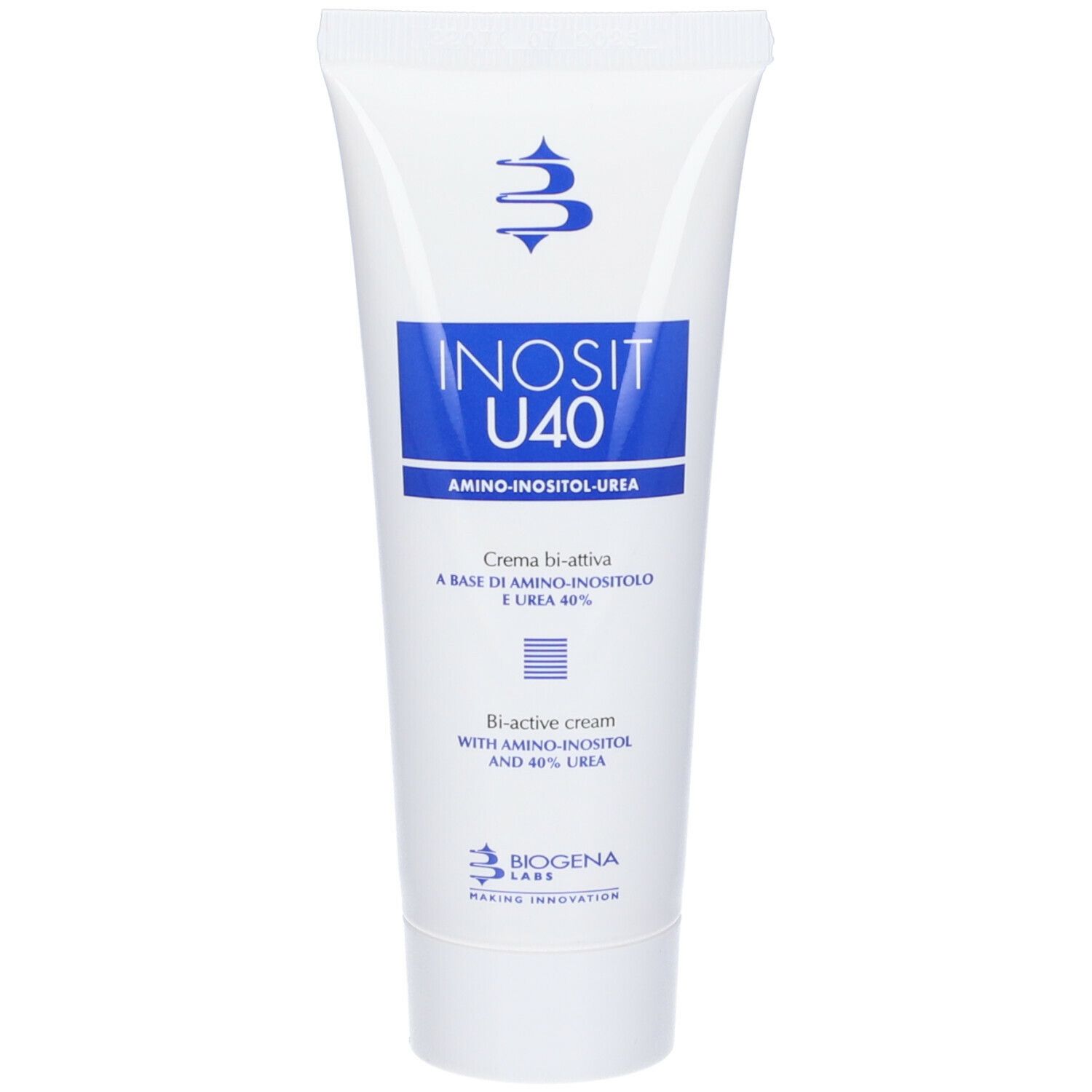 Tubo bianco con scritta blu: Inosit U40, Crema bi-attiva, Amino-inositolo-urea.