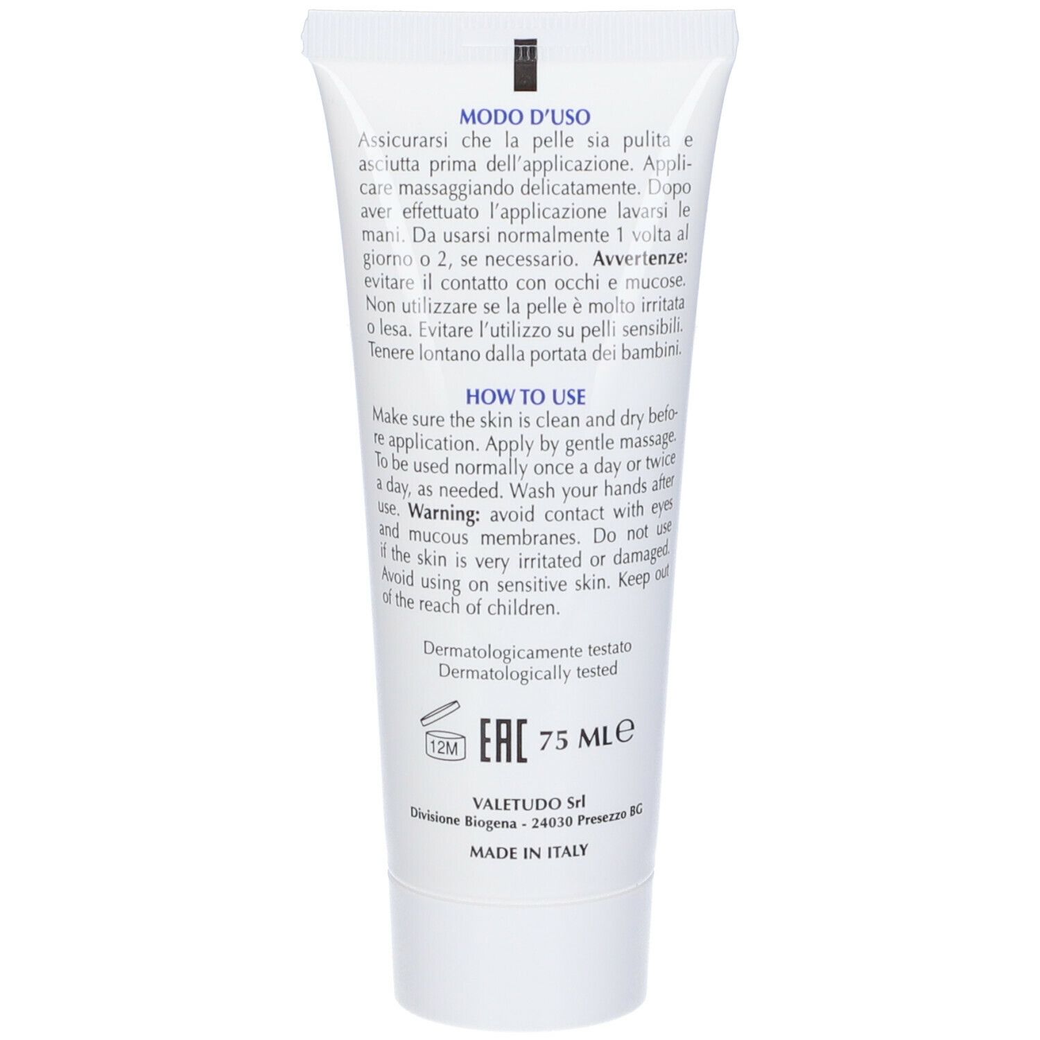 Retro del tubo. Testo: Modo d'uso, How to use, Dermatologisch getestet, 75 ml.