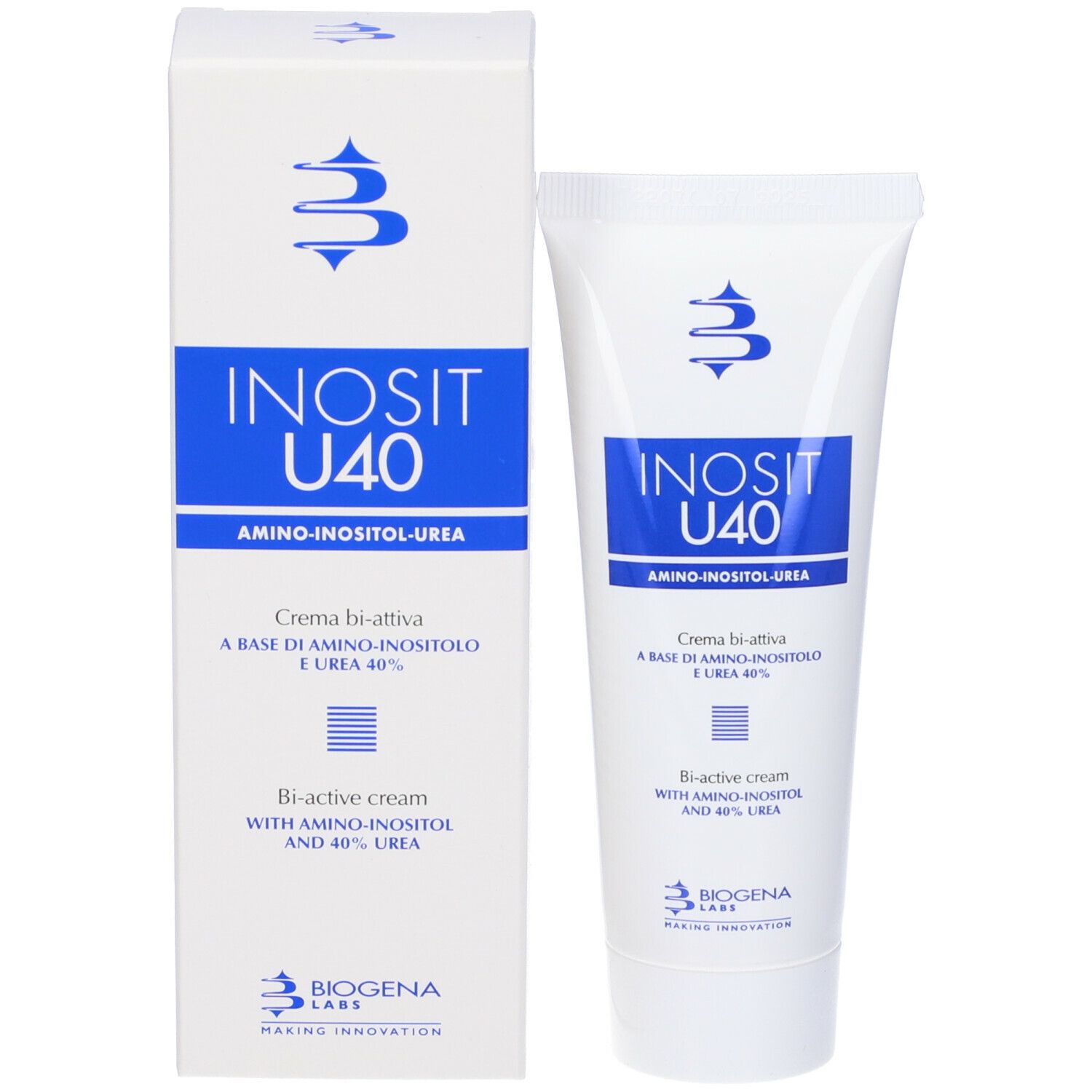 Crema e confezione. Scritta: Inosit U40, Amino-inositolo-urea, Biogena Labs.