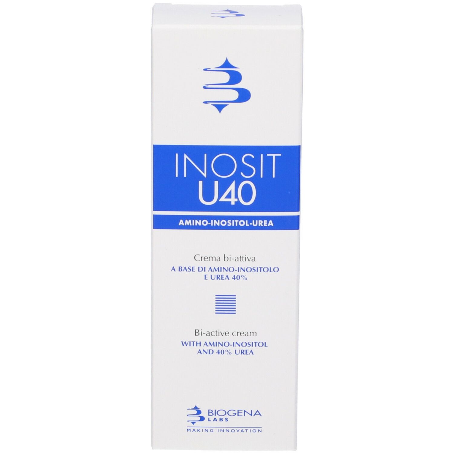 Confezione. Scritta: Inosit U40, Amino-inositolo-urea, Crema bi-attiva, Biogena Labs.