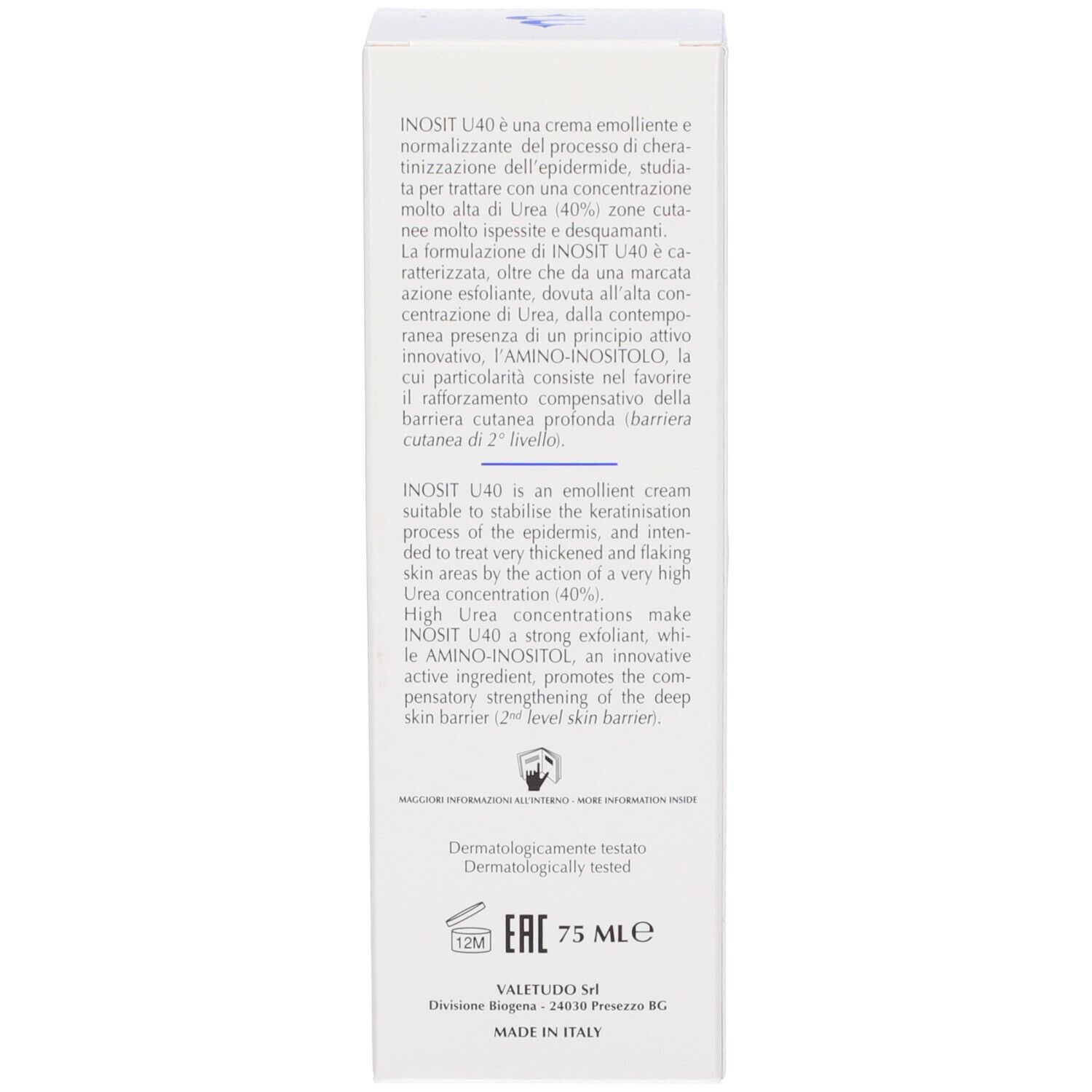 Confezione. Testo: Inosit U40, Dermatologisch getestet, 75 ml, Made in Italy.