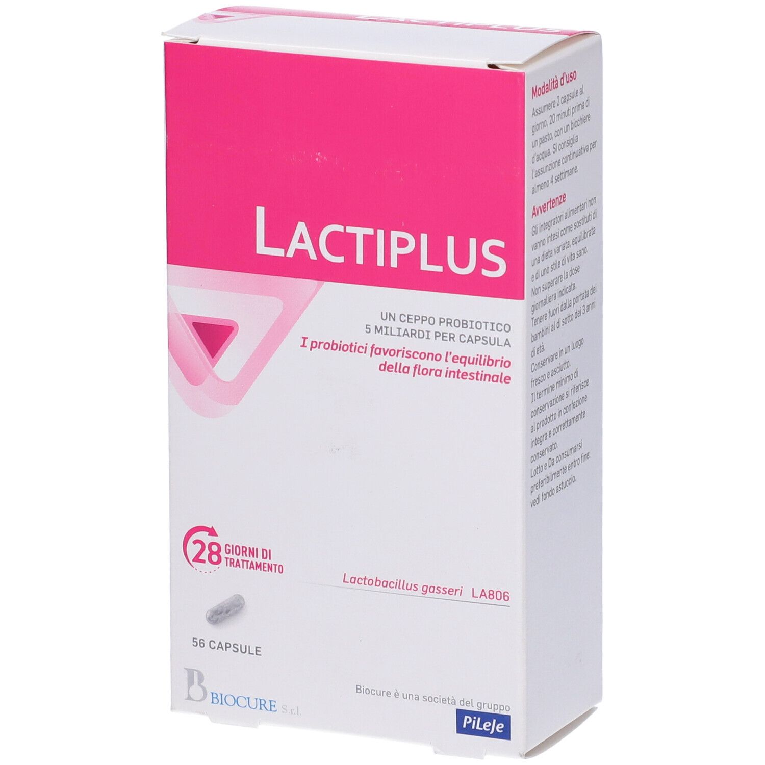 Confezione di Lactiplus. Scatola rosa e bianca con nome e informazioni. 56 capsule, trattamento di 28 giorni. Logo Biocure.