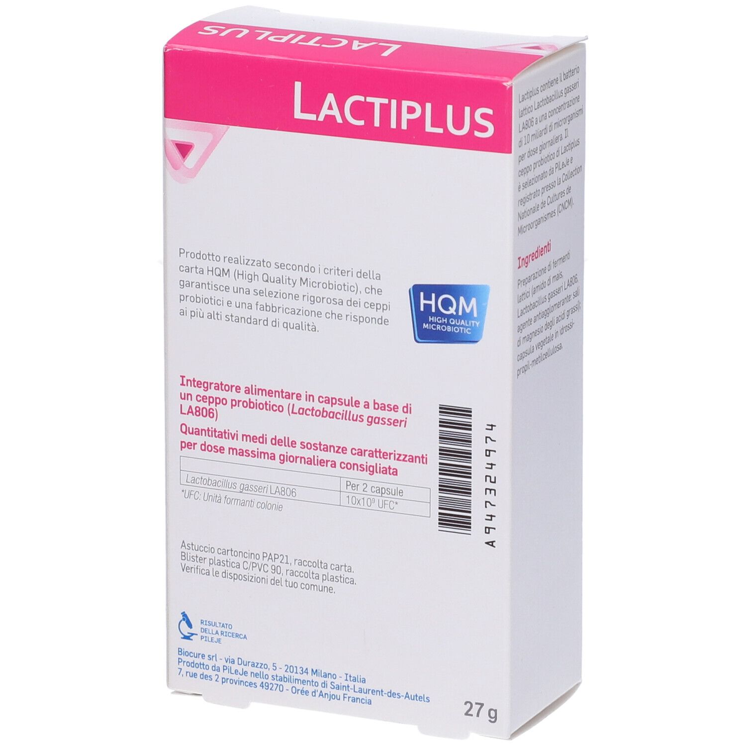Confezione Lactiplus, retro. Informazioni e logo. Ingredienti, dose giornaliera e certificazione HQM. Peso netto 27g.
