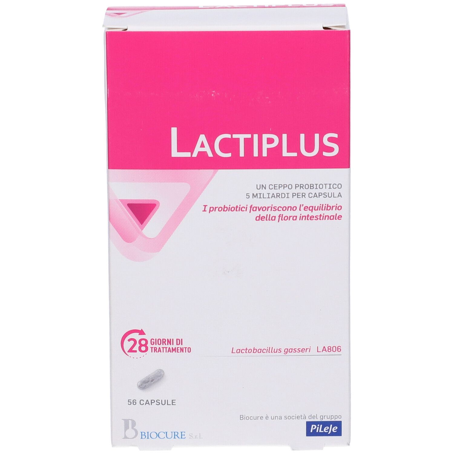 Confezione di Lactiplus. Scatola rosa e bianca con nome e informazioni. 56 capsule, trattamento di 28 giorni. Logo.
