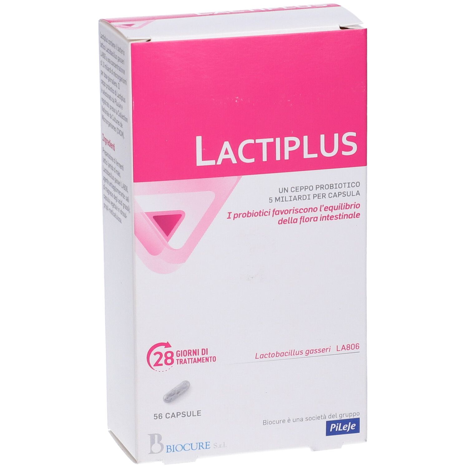 Confezione di Lactiplus. Scatola rosa e bianca con nome e informazioni. 56 capsule, trattamento di 28 giorni. Logo.