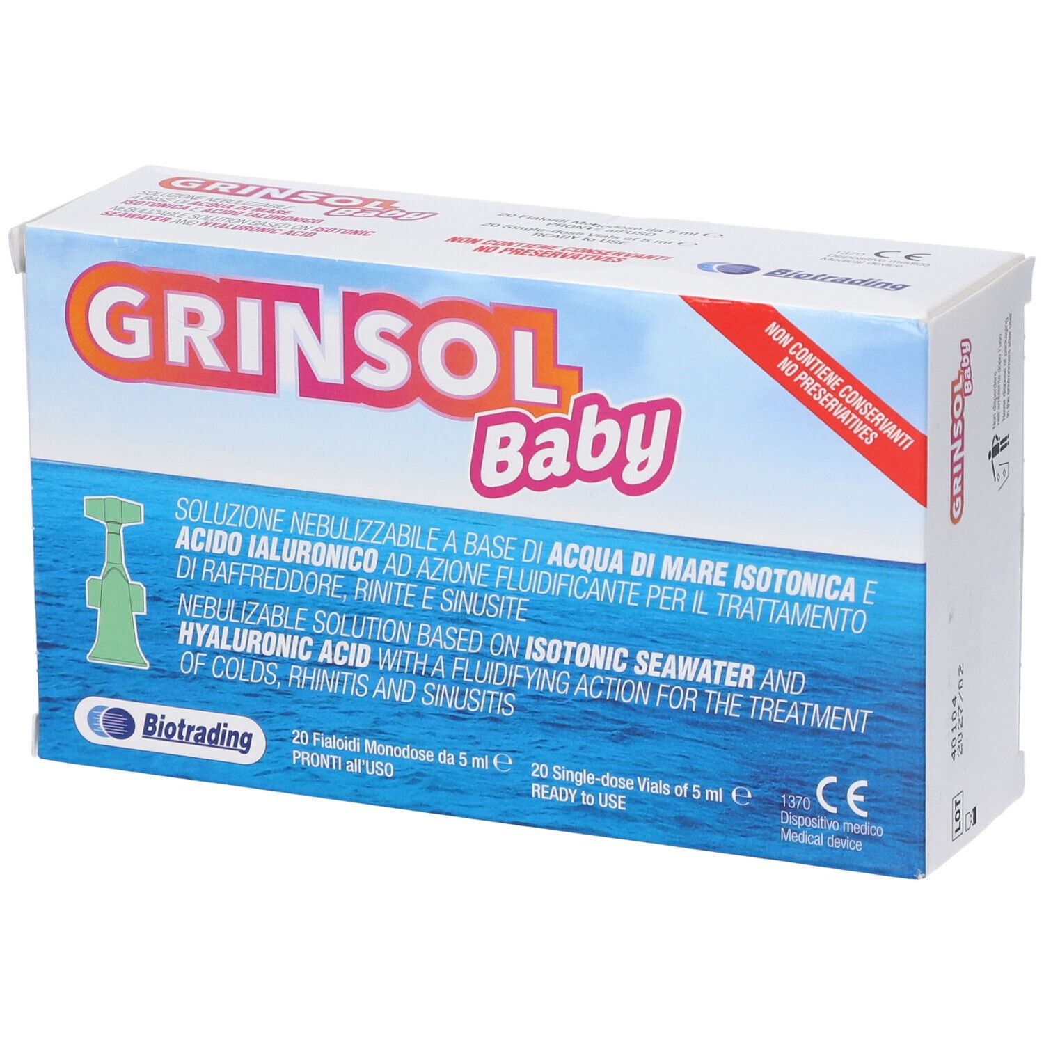 Scatola "Grinsol Baby". Contiene 20 fiale monodose. Testo in italiano e inglese. Marchio CE.