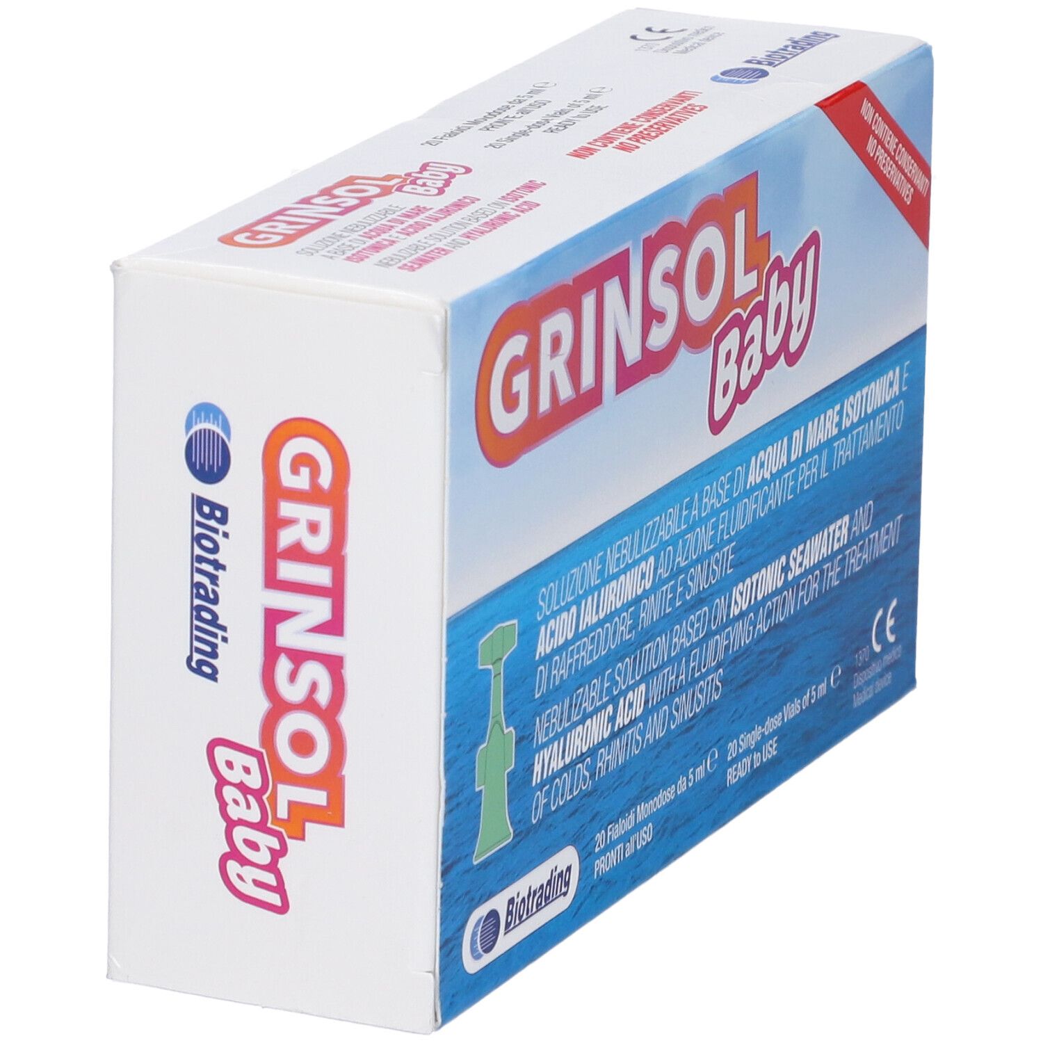 Scatola "Grinsol Baby" in prospettiva. Logo e testo in italiano. Marchio CE e logo Biotrading.