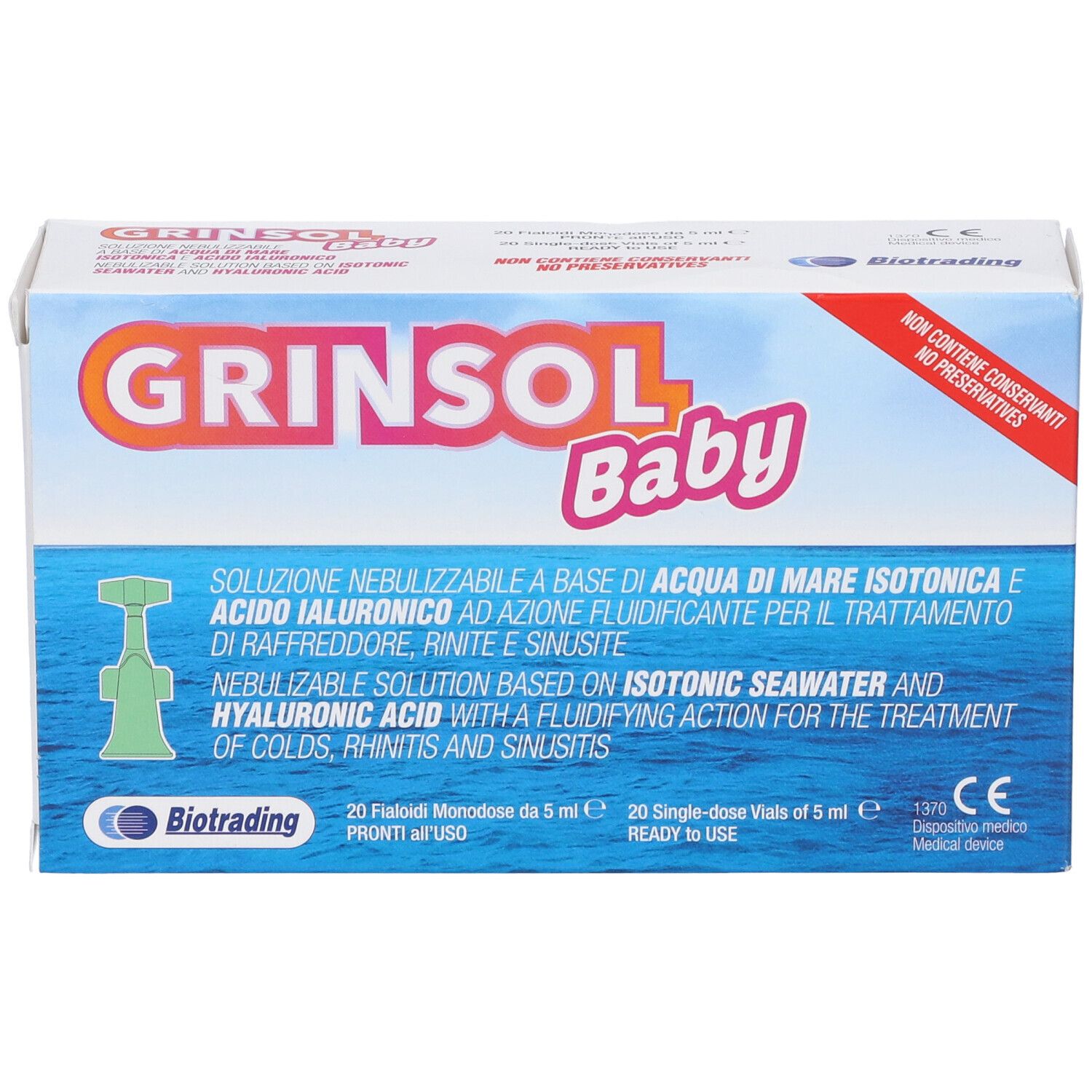 Fronte della scatola "Grinsol Baby". Logo, testo in italiano e inglese. 20 fiale monodose. Marchio CE.