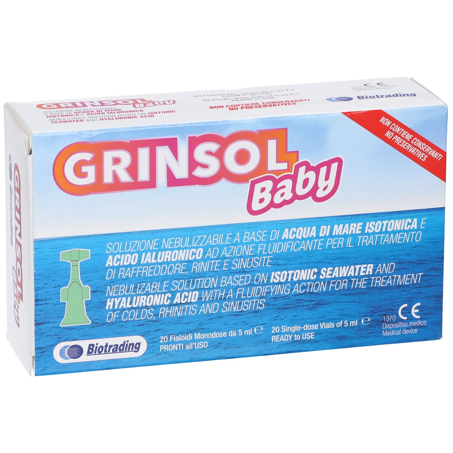 Fronte della scatola "Grinsol Baby". Logo, testo in italiano e inglese. 20 fiale monodose. Marchio CE.