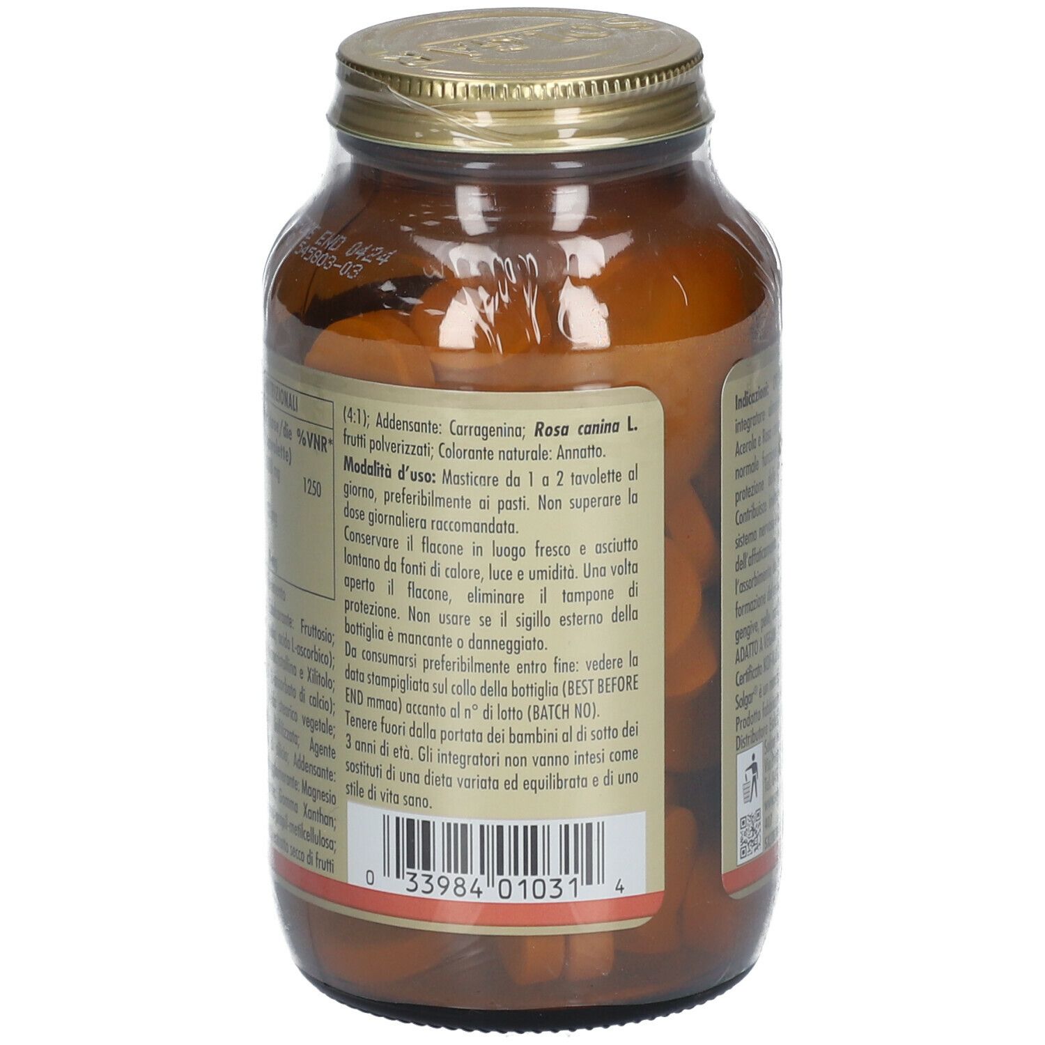 Retro del flacone in vetro marrone, tappo dorato. Etichetta con ingredienti e istruzioni per l'uso.